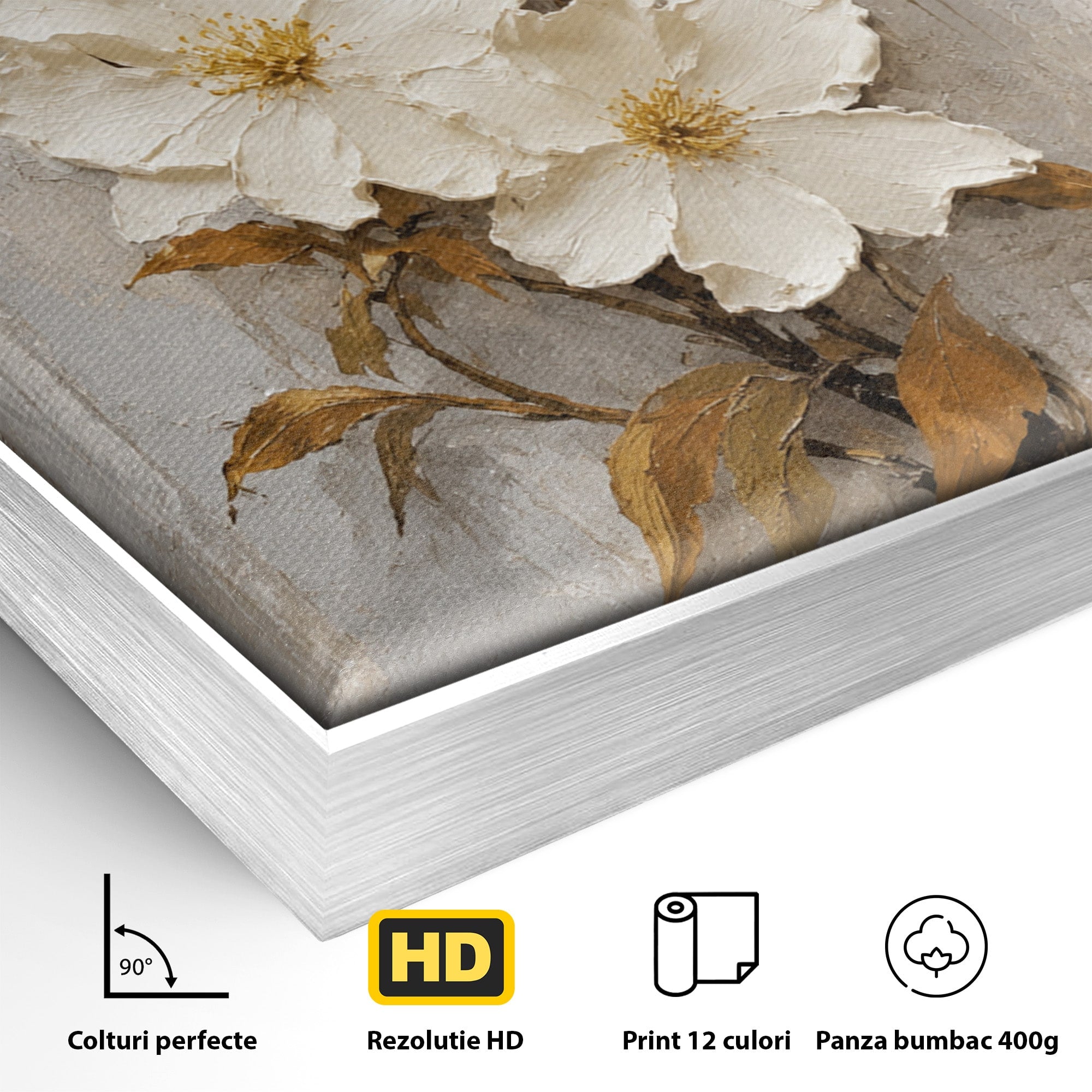 Tablou Canvas Premium LuxCanva® A1861, Flori Albe Texturate, Flori, Texturat, Natura, Living, Dormitor, Culori Vibrante