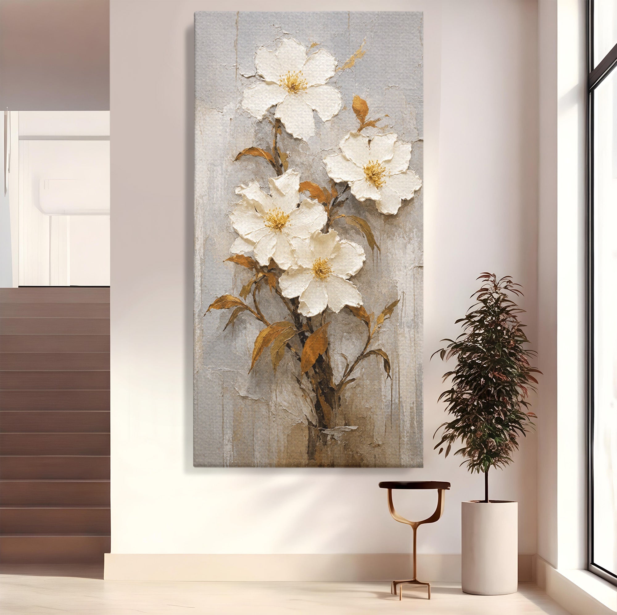 Tablou Canvas Premium LuxCanva® A1861, Flori Albe Texturate, Flori, Texturat, Natura, Living, Dormitor, Culori Vibrante
