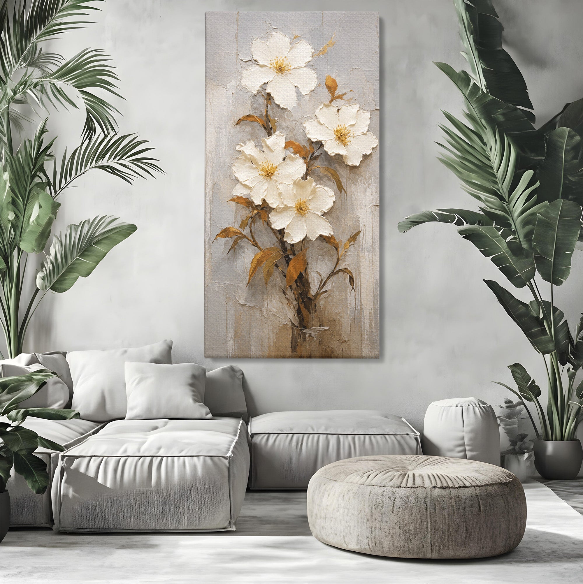 Tablou Canvas Premium LuxCanva® A1861, Flori Albe Texturate, Flori, Texturat, Natura, Living, Dormitor, Culori Vibrante