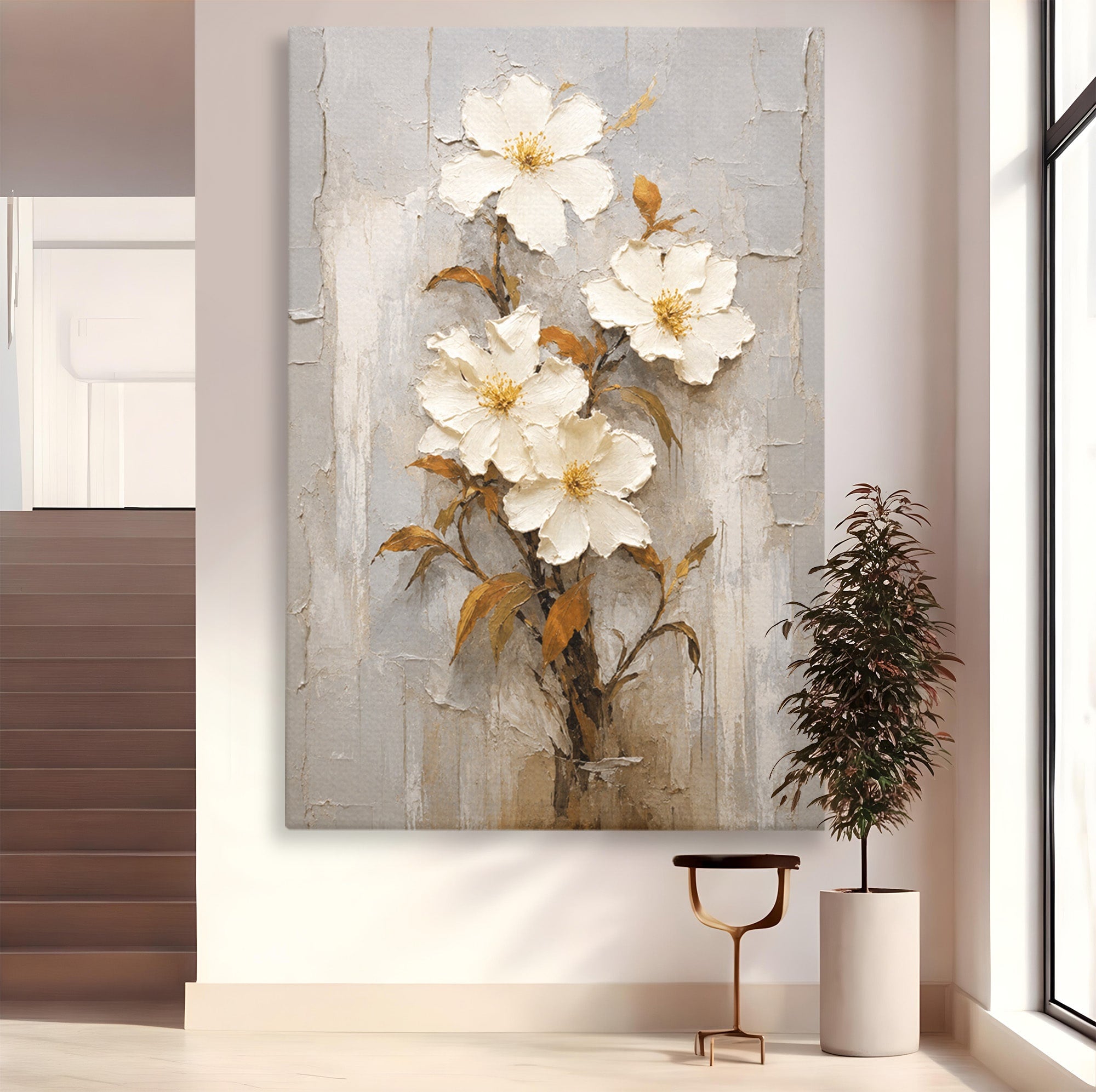 Tablou Canvas Premium LuxCanva® A1861, Flori Albe Texturate, Flori, Texturat, Natura, Living, Dormitor, Culori Vibrante