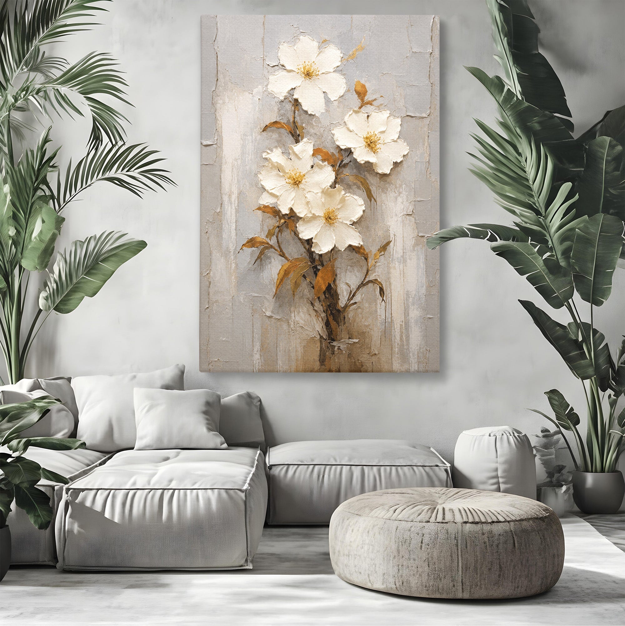 Tablou Canvas Premium LuxCanva® A1861, Flori Albe Texturate, Flori, Texturat, Natura, Living, Dormitor, Culori Vibrante