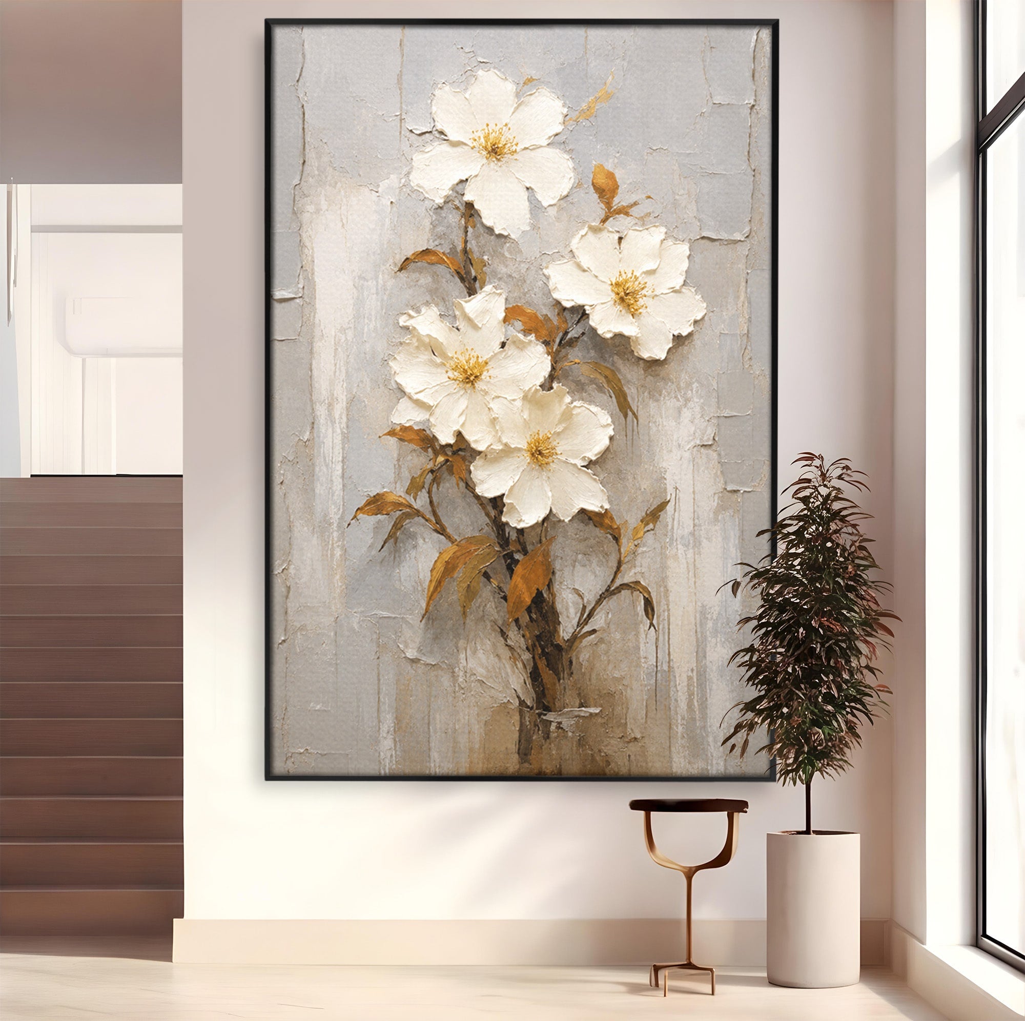 Tablou Canvas Premium LuxCanva® A1861, Flori Albe Texturate, Flori, Texturat, Natura, Living, Dormitor, Culori Vibrante