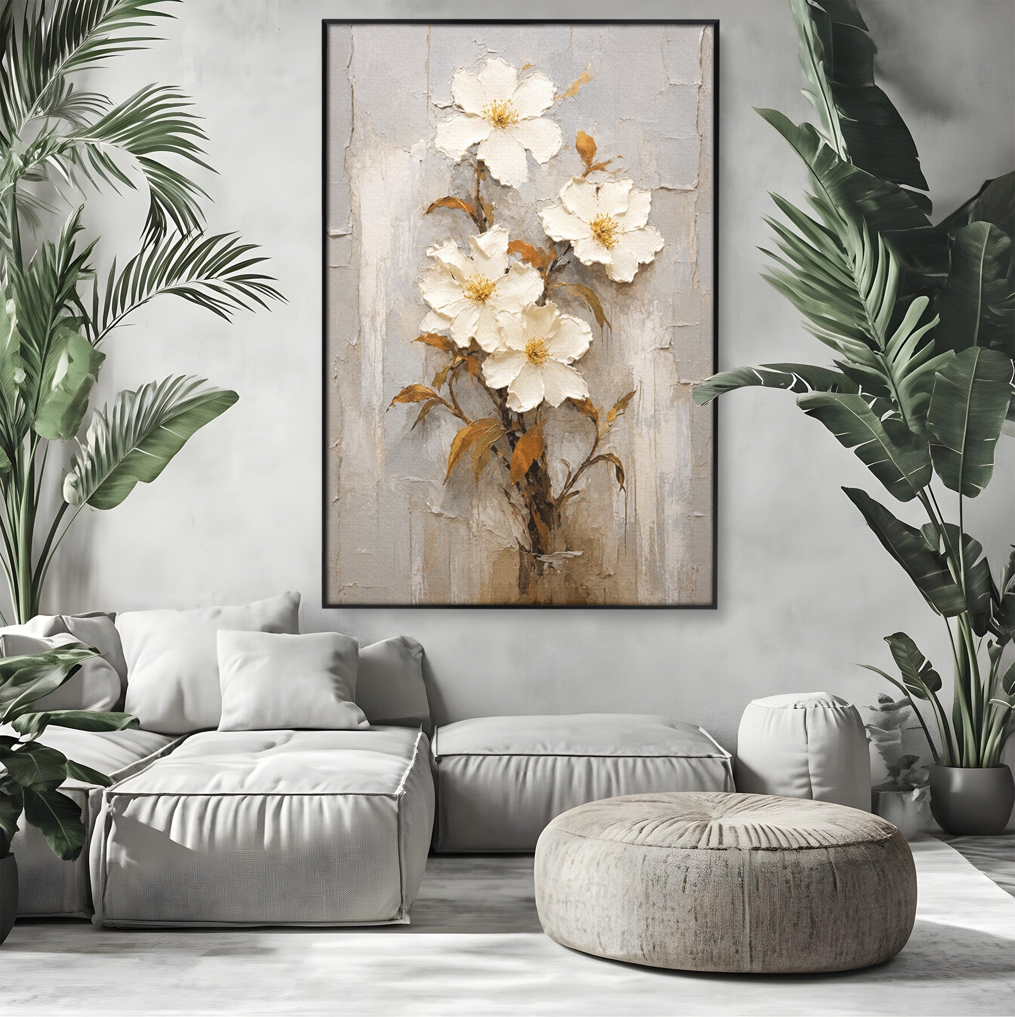 Tablou Canvas Premium LuxCanva® A1861, Flori Albe Texturate, Flori, Texturat, Natura, Living, Dormitor, Culori Vibrante
