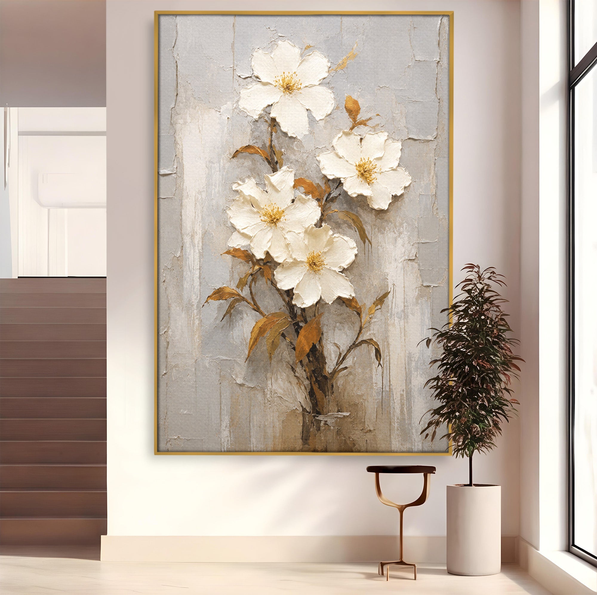 Tablou Canvas Premium LuxCanva® A1861, Flori Albe Texturate, Flori, Texturat, Natura, Living, Dormitor, Culori Vibrante