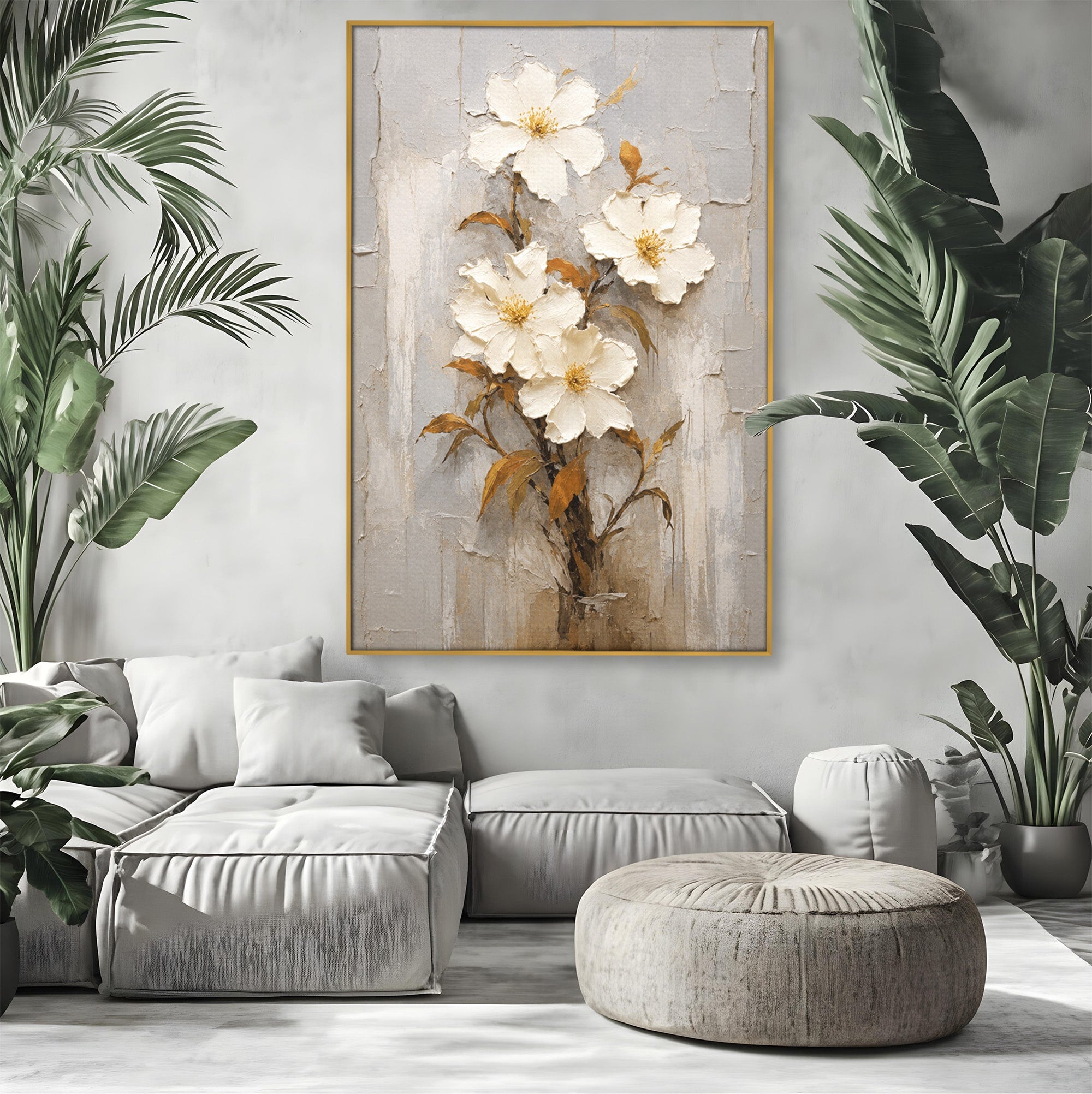 Tablou Canvas Premium LuxCanva® A1861, Flori Albe Texturate, Flori, Texturat, Natura, Living, Dormitor, Culori Vibrante