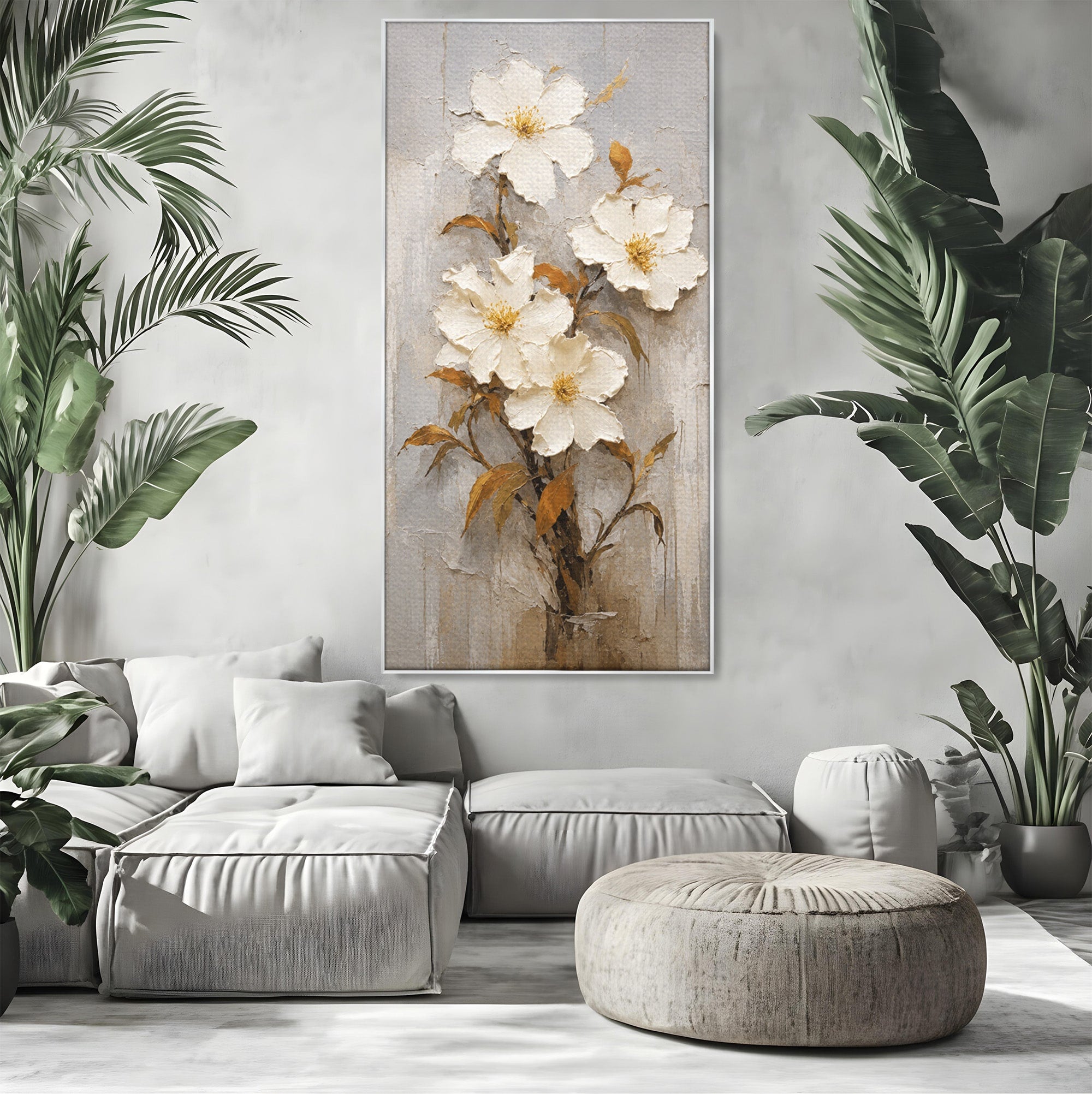 Tablou Canvas Premium LuxCanva® A1861, Flori Albe Texturate, Flori, Texturat, Natura, Living, Dormitor, Culori Vibrante