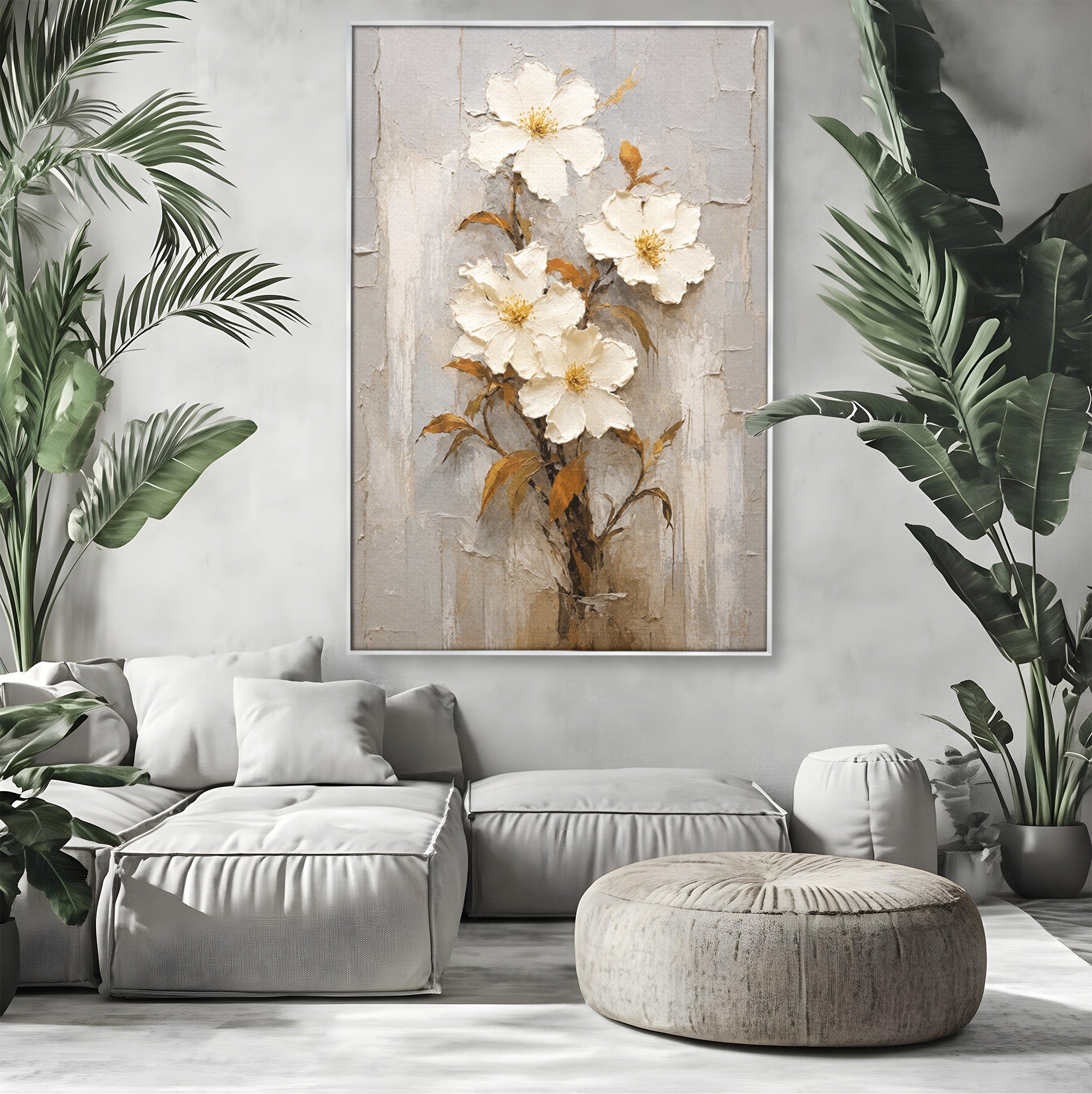 Tablou Canvas Premium LuxCanva® A1861, Flori Albe Texturate, Flori, Texturat, Natura, Living, Dormitor, Culori Vibrante
