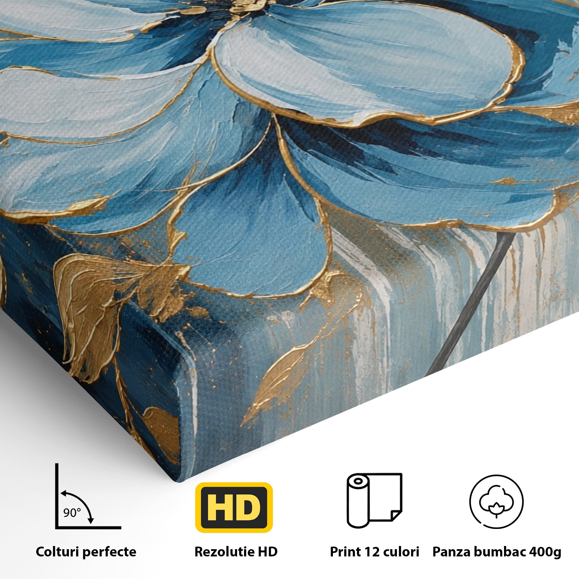 Tablou Canvas Premium LuxCanva® A1865, Armonie Albastră, Floare, Auriu, Albastru, Living, Natura, Culori Vibrante