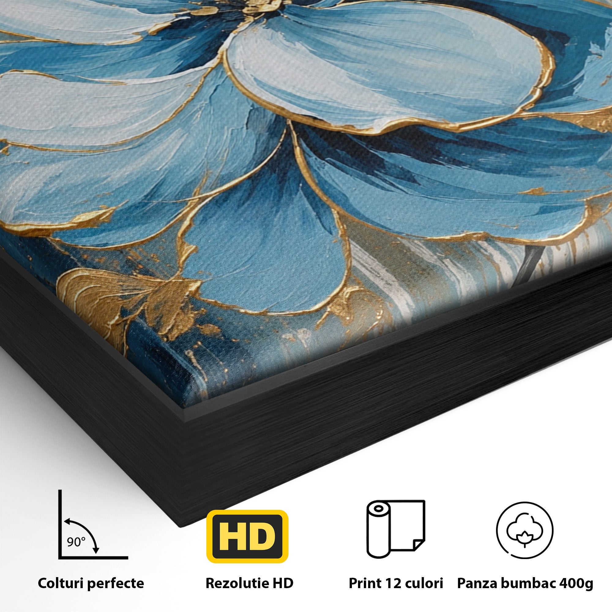 Tablou Canvas Premium LuxCanva® A1865, Armonie Albastră, Floare, Auriu, Albastru, Living, Natura, Culori Vibrante