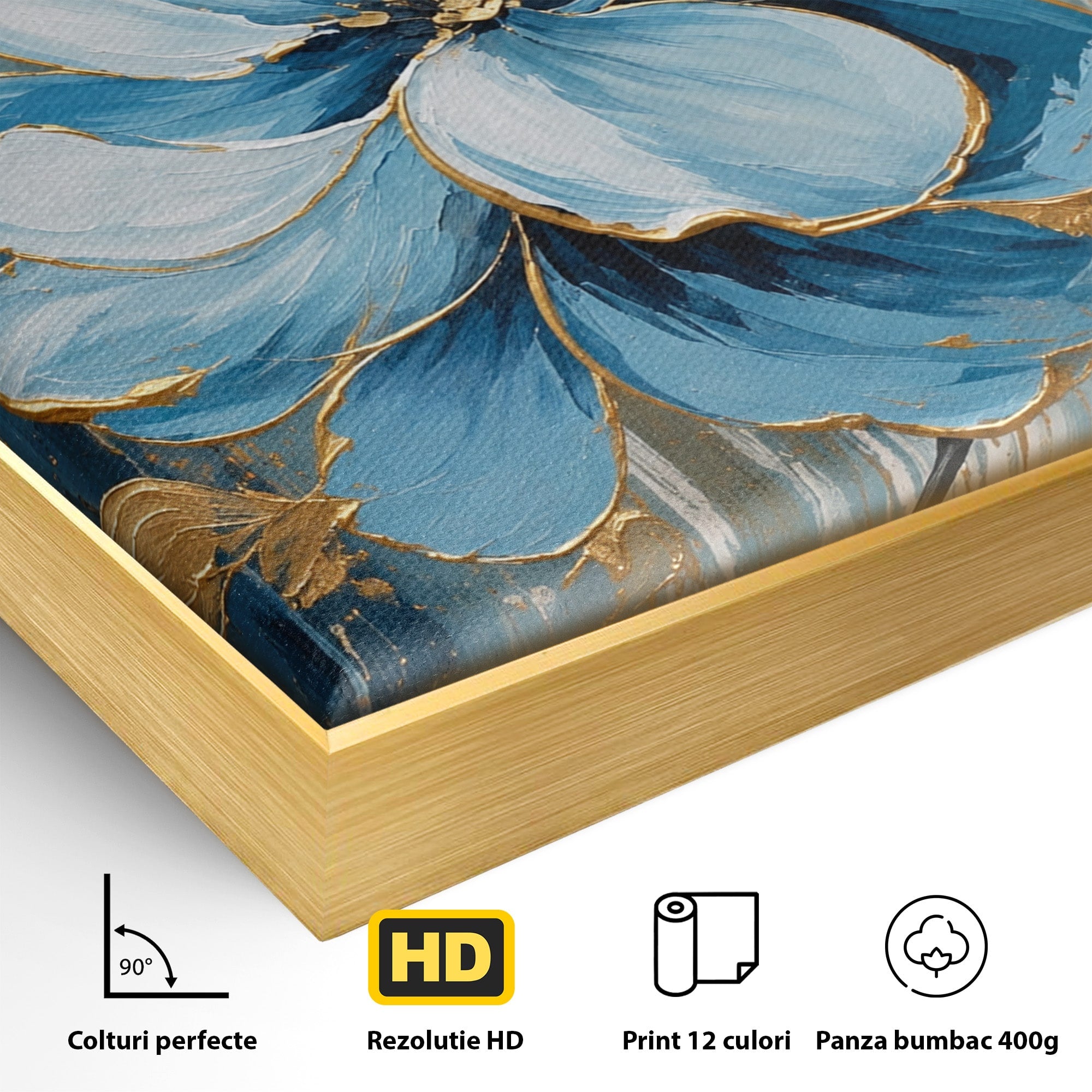 Tablou Canvas Premium LuxCanva® A1865, Armonie Albastră, Floare, Auriu, Albastru, Living, Natura, Culori Vibrante