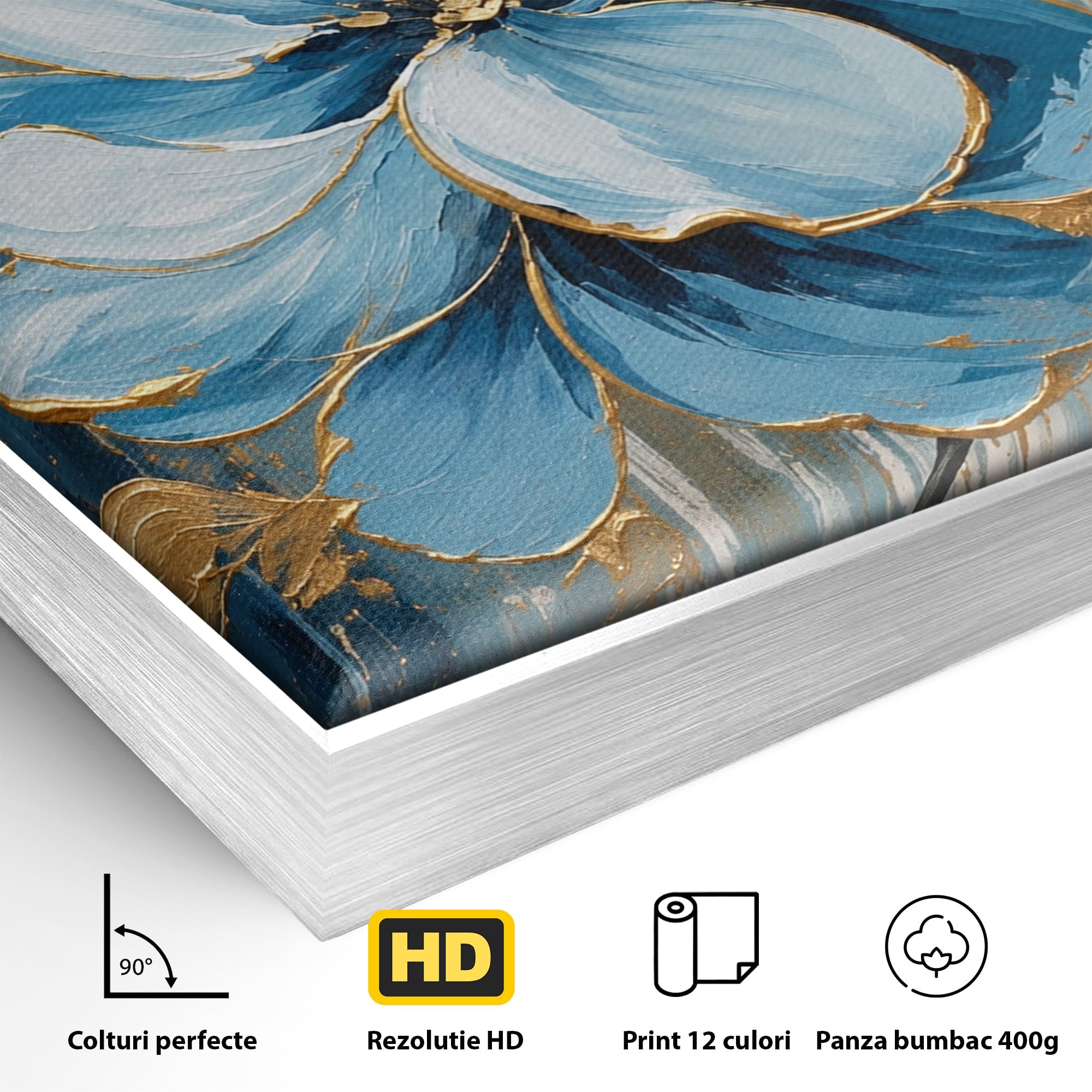 Tablou Canvas Premium LuxCanva® A1865, Armonie Albastră, Floare, Auriu, Albastru, Living, Natura, Culori Vibrante