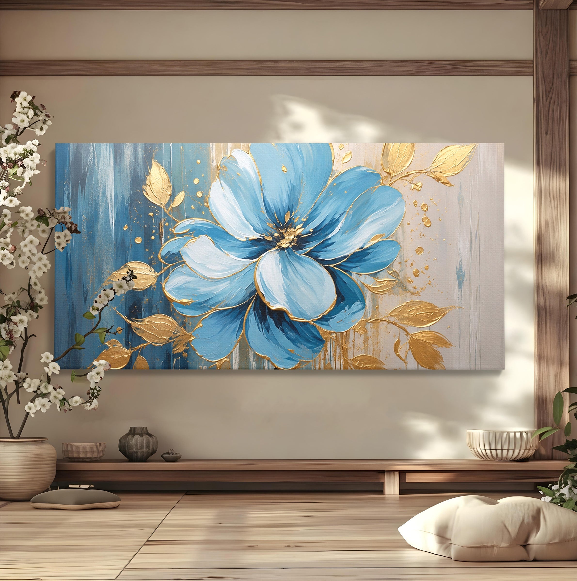 Tablou Canvas Premium LuxCanva® A1865, Armonie Albastră, Floare, Auriu, Albastru, Living, Natura, Culori Vibrante