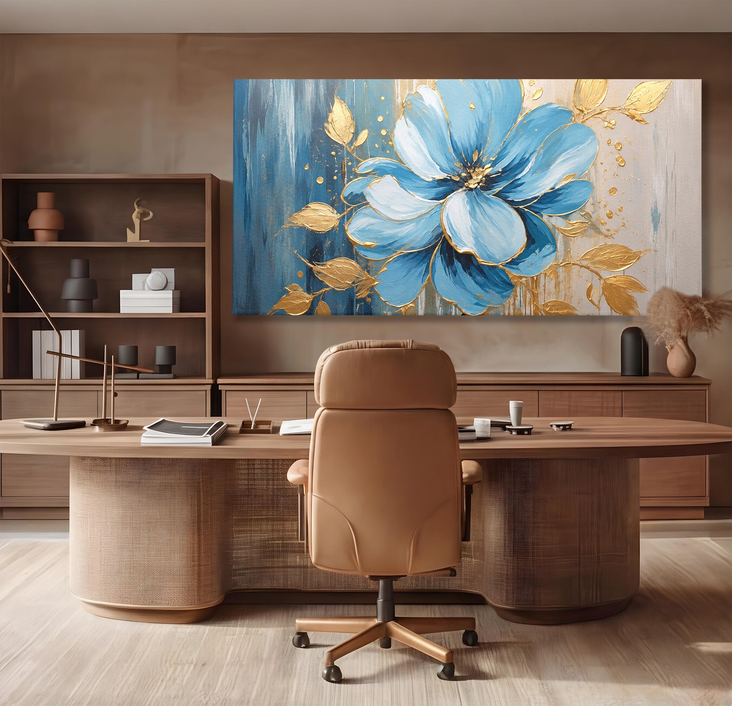 Tablou Canvas Premium LuxCanva® A1865, Armonie Albastră, Floare, Auriu, Albastru, Living, Natura, Culori Vibrante