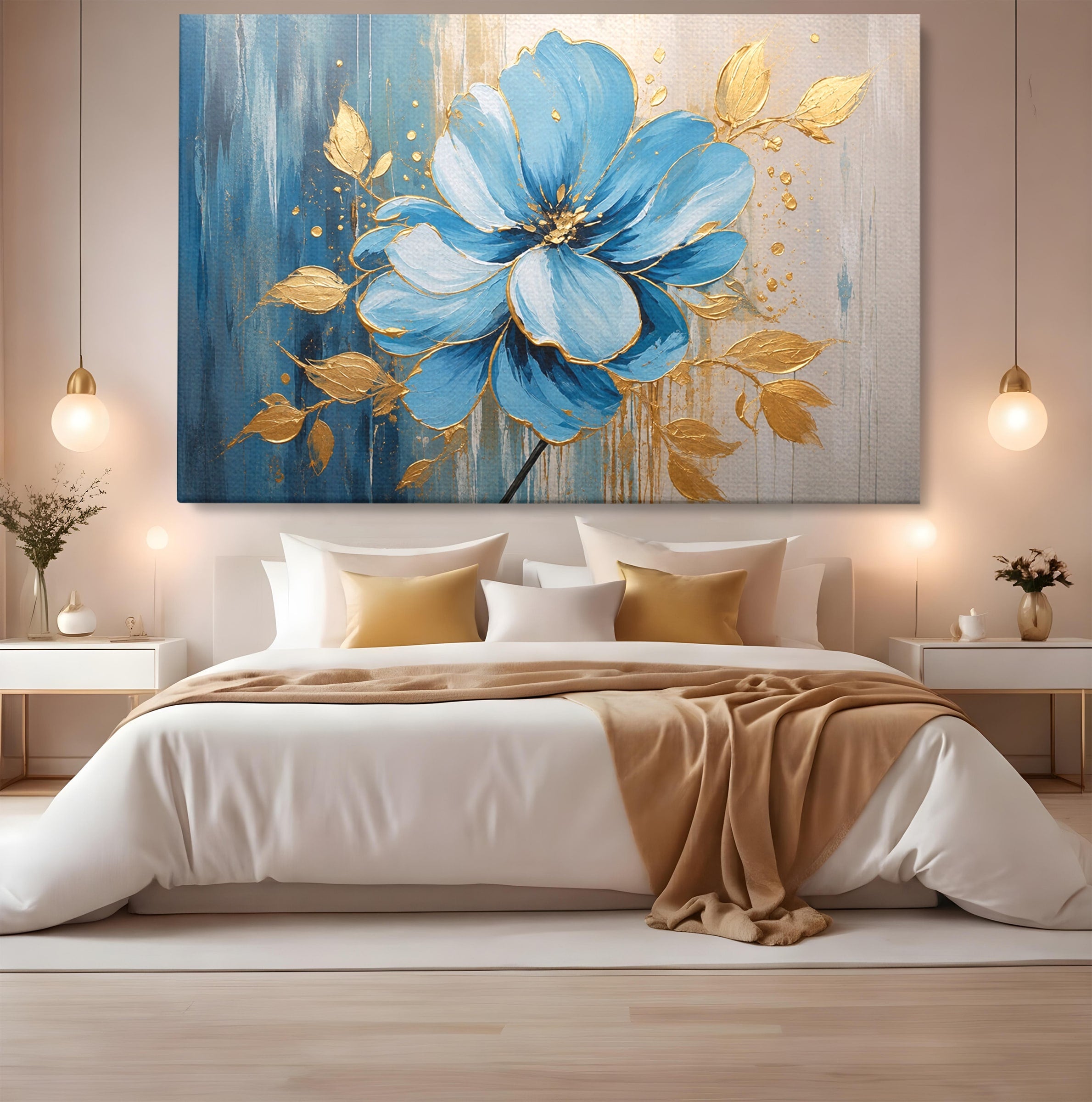 Tablou Canvas Premium LuxCanva® A1865, Armonie Albastră, Floare, Auriu, Albastru, Living, Natura, Culori Vibrante