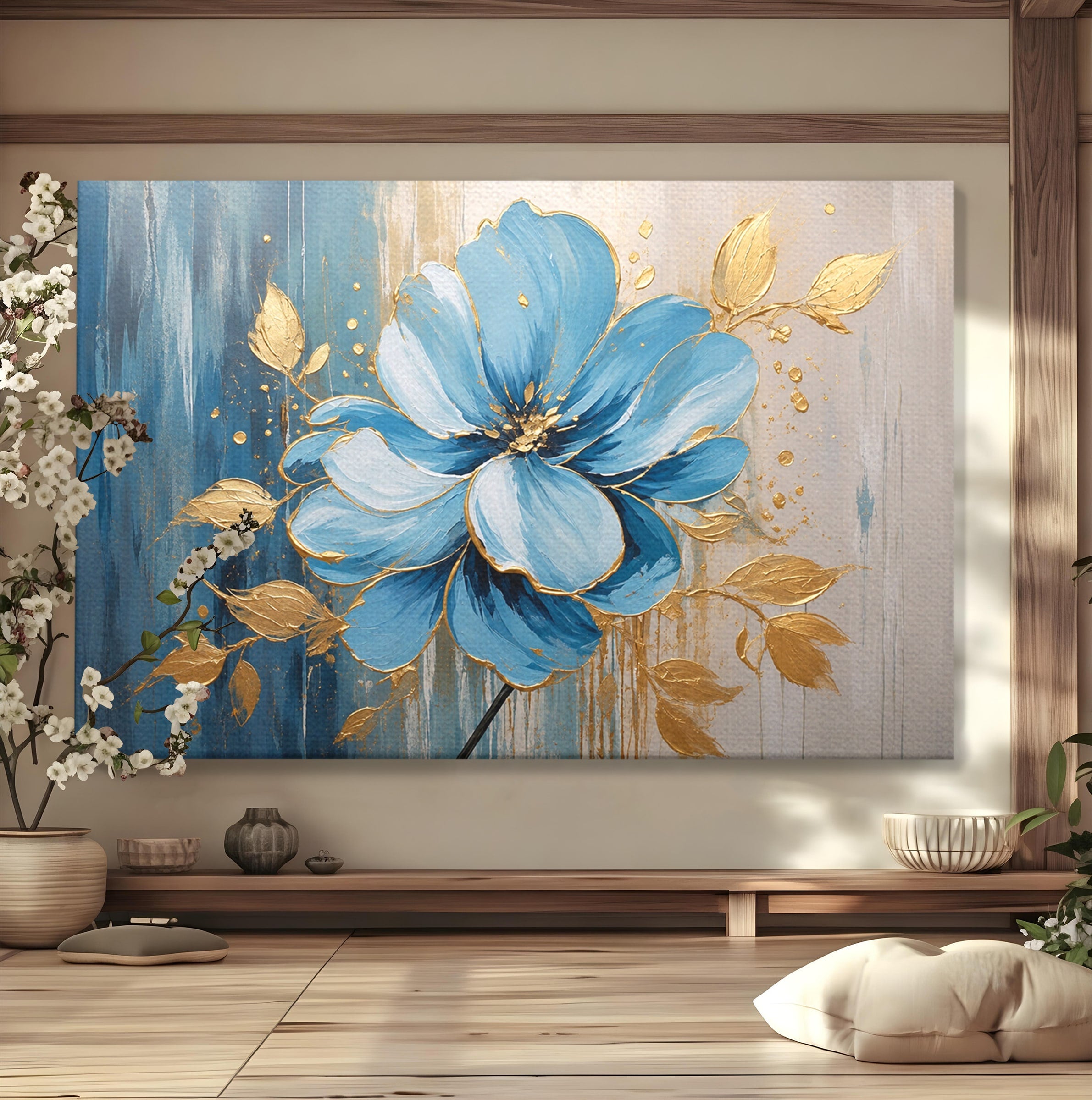 Tablou Canvas Premium LuxCanva® A1865, Armonie Albastră, Floare, Auriu, Albastru, Living, Natura, Culori Vibrante