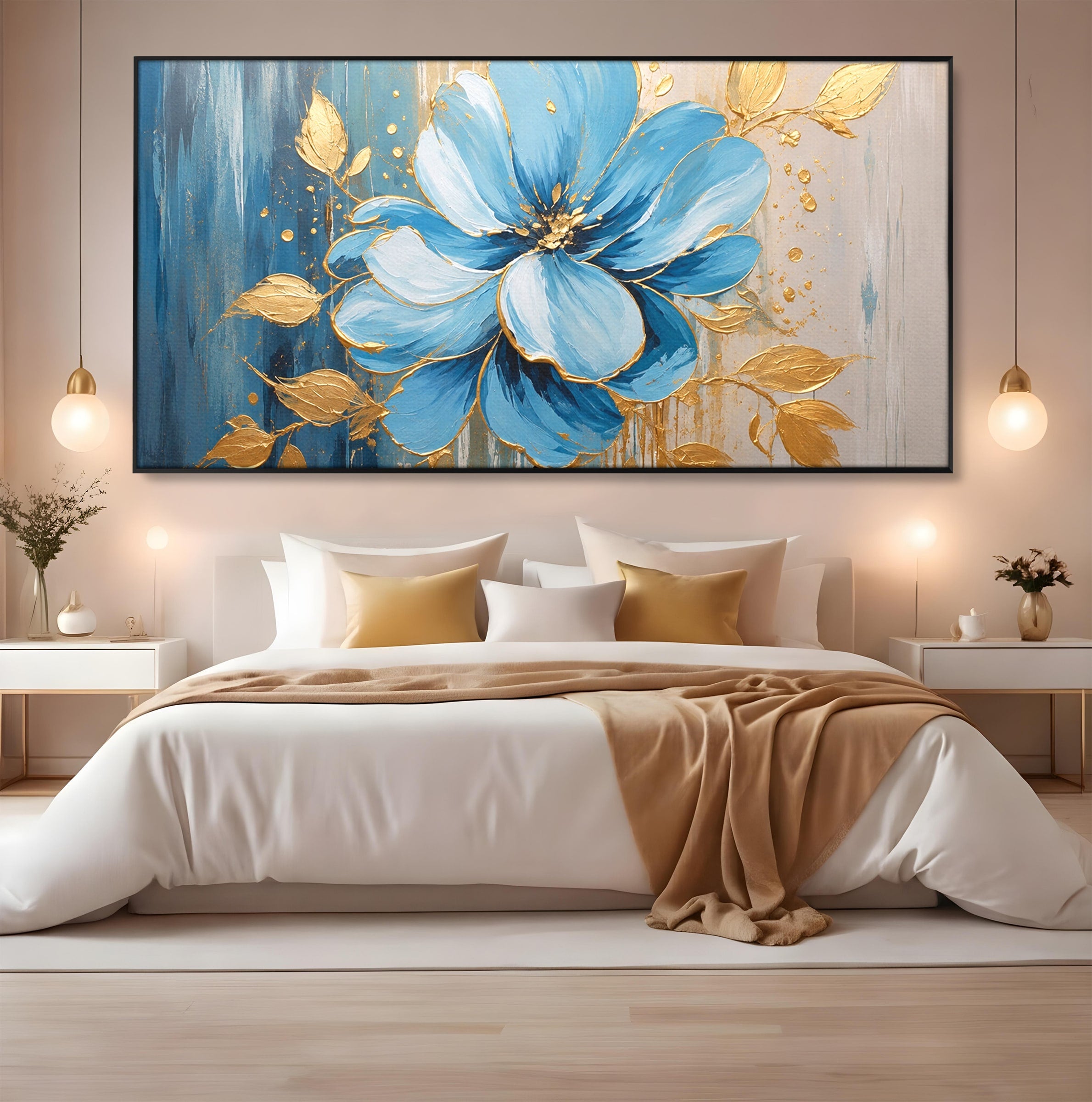 Tablou Canvas Premium LuxCanva® A1865, Armonie Albastră, Floare, Auriu, Albastru, Living, Natura, Culori Vibrante