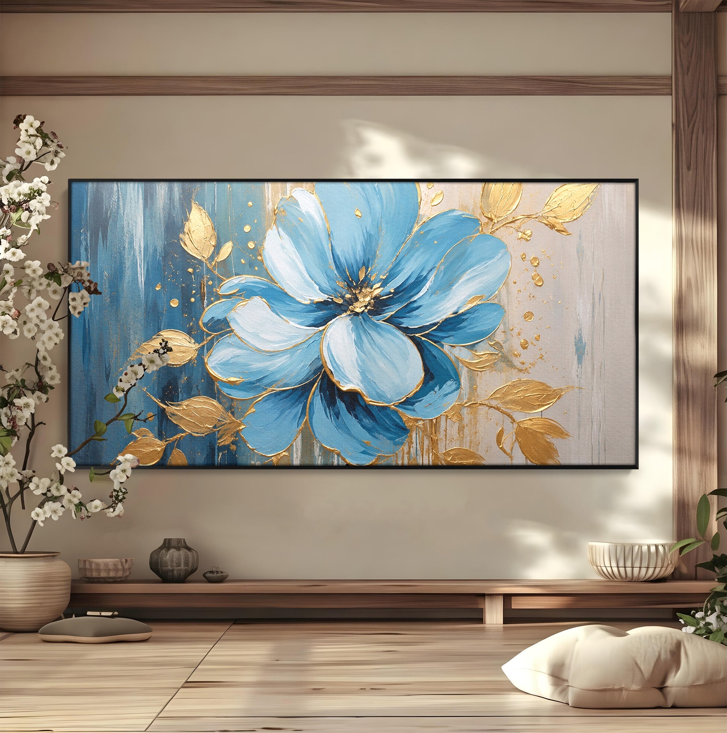 Tablou Canvas Premium LuxCanva® A1865, Armonie Albastră, Floare, Auriu, Albastru, Living, Natura, Culori Vibrante