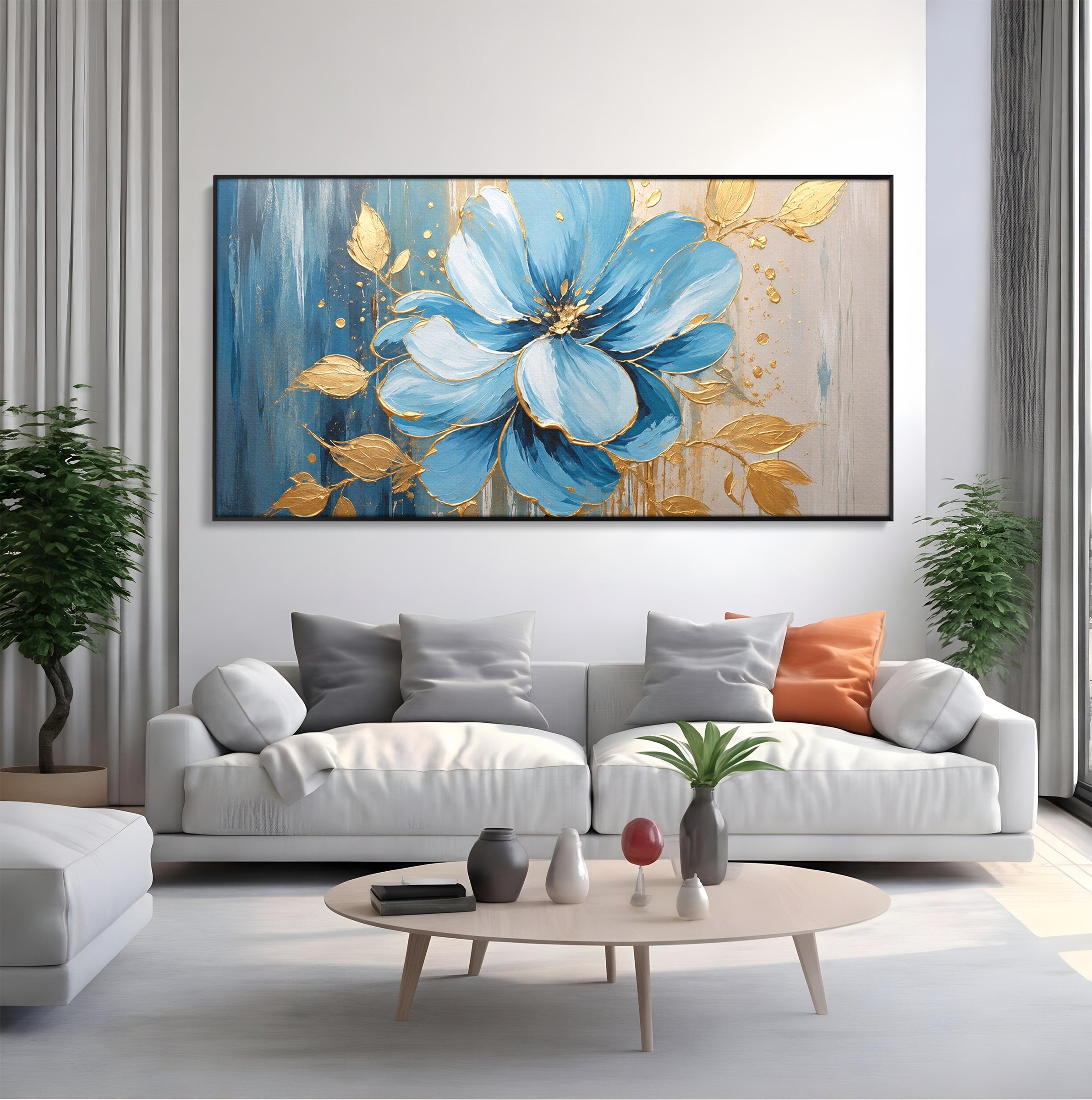 Tablou Canvas Premium LuxCanva® A1865, Armonie Albastră, Floare, Auriu, Albastru, Living, Natura, Culori Vibrante
