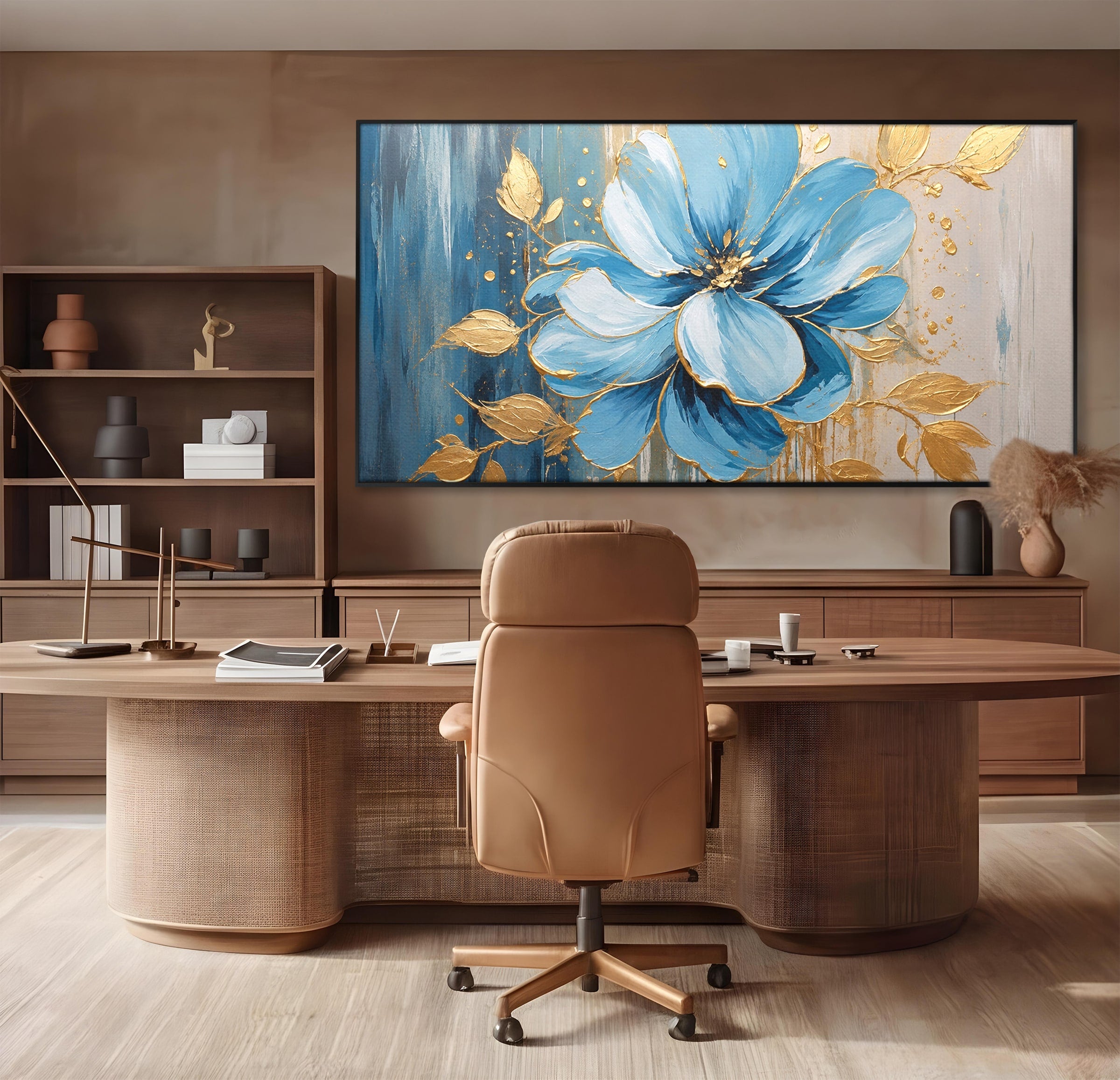 Tablou Canvas Premium LuxCanva® A1865, Armonie Albastră, Floare, Auriu, Albastru, Living, Natura, Culori Vibrante