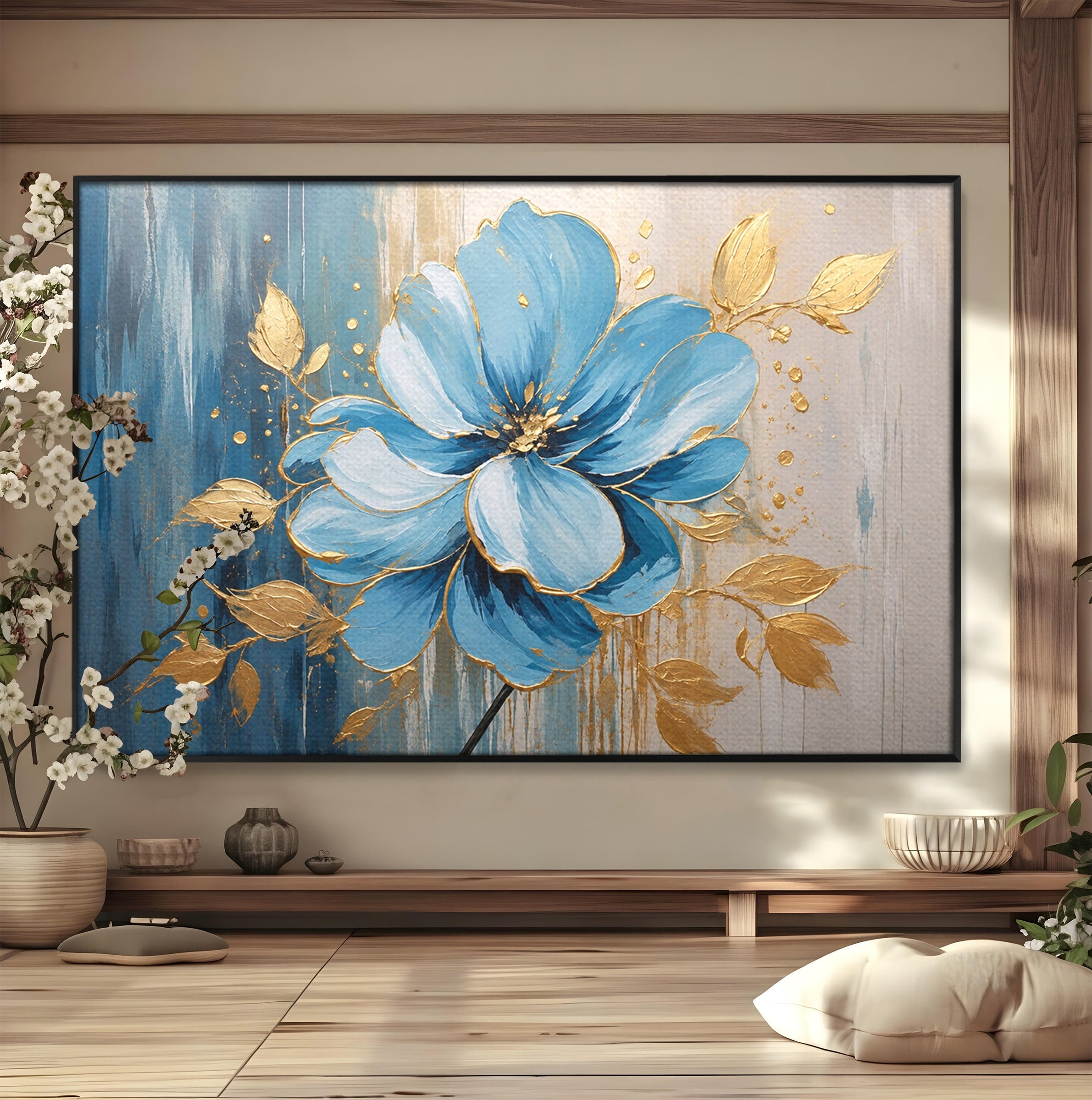 Tablou Canvas Premium LuxCanva® A1865, Armonie Albastră, Floare, Auriu, Albastru, Living, Natura, Culori Vibrante