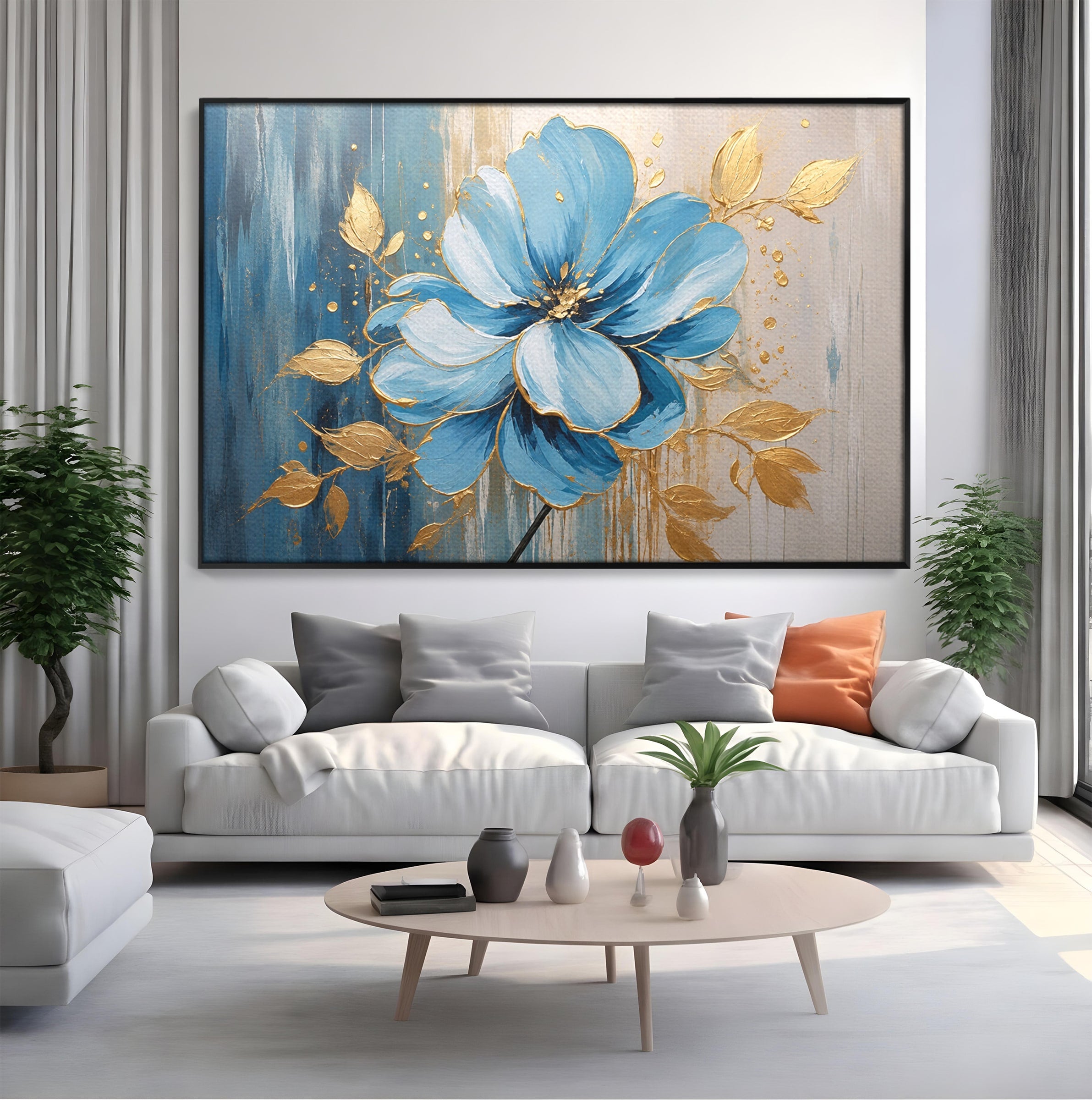 Tablou Canvas Premium LuxCanva® A1865, Armonie Albastră, Floare, Auriu, Albastru, Living, Natura, Culori Vibrante