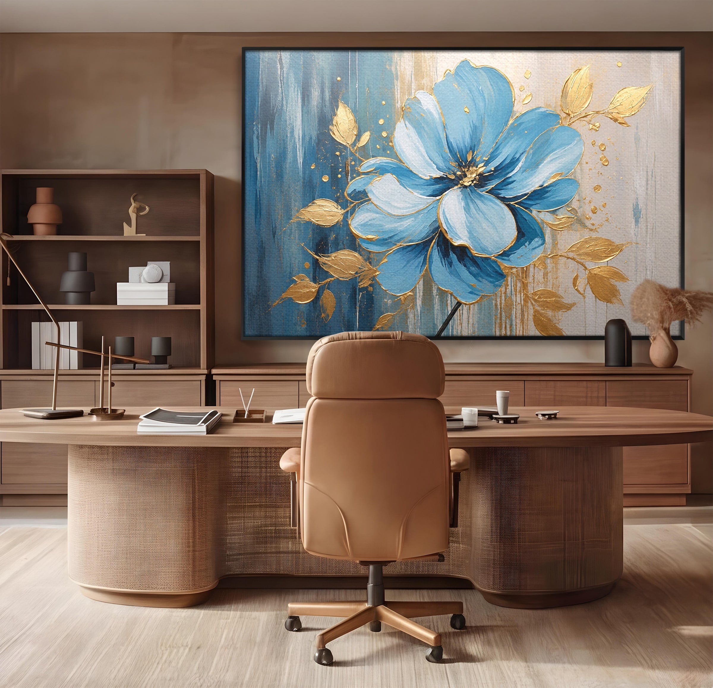 Tablou Canvas Premium LuxCanva® A1865, Armonie Albastră, Floare, Auriu, Albastru, Living, Natura, Culori Vibrante