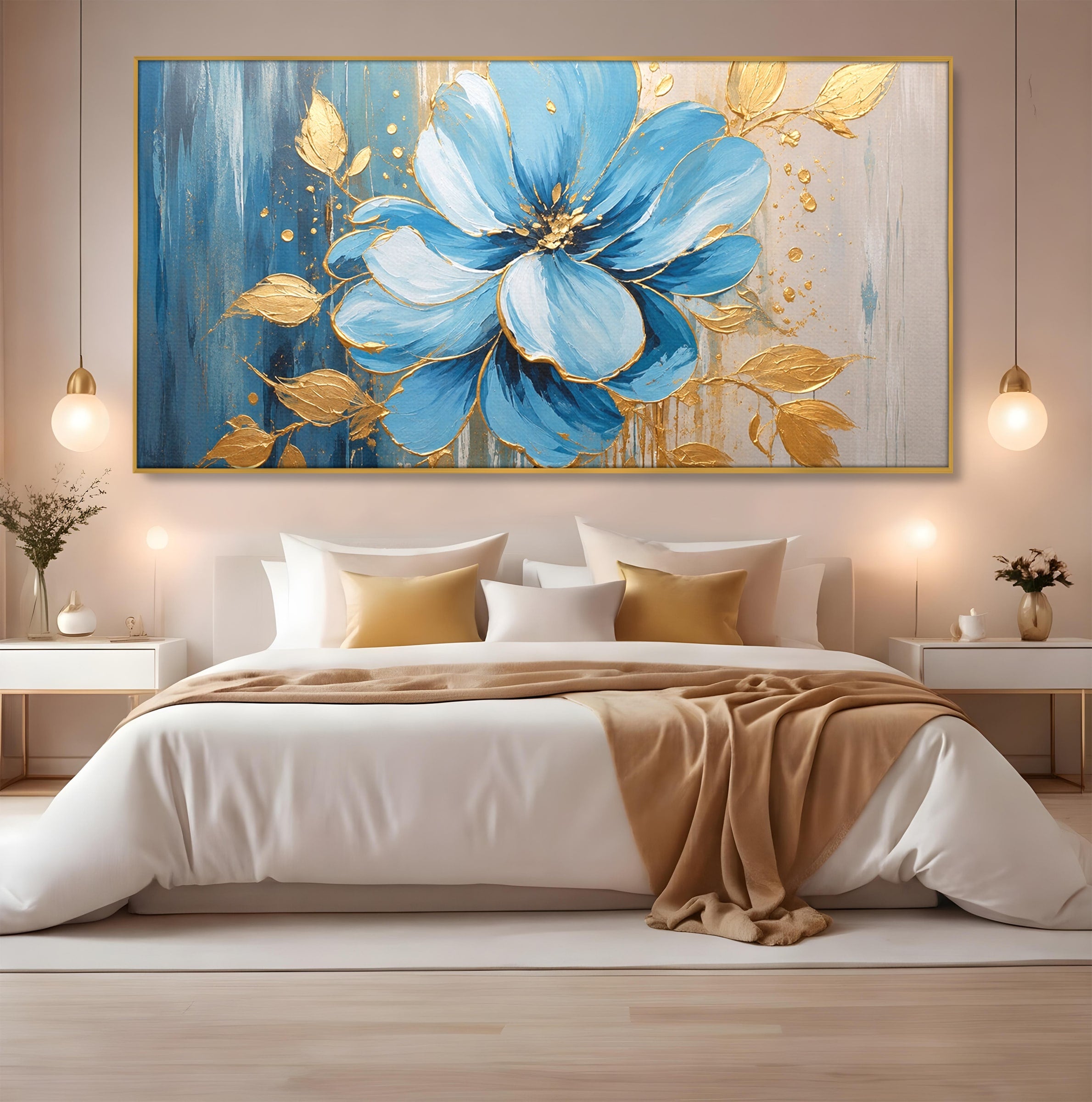 Tablou Canvas Premium LuxCanva® A1865, Armonie Albastră, Floare, Auriu, Albastru, Living, Natura, Culori Vibrante