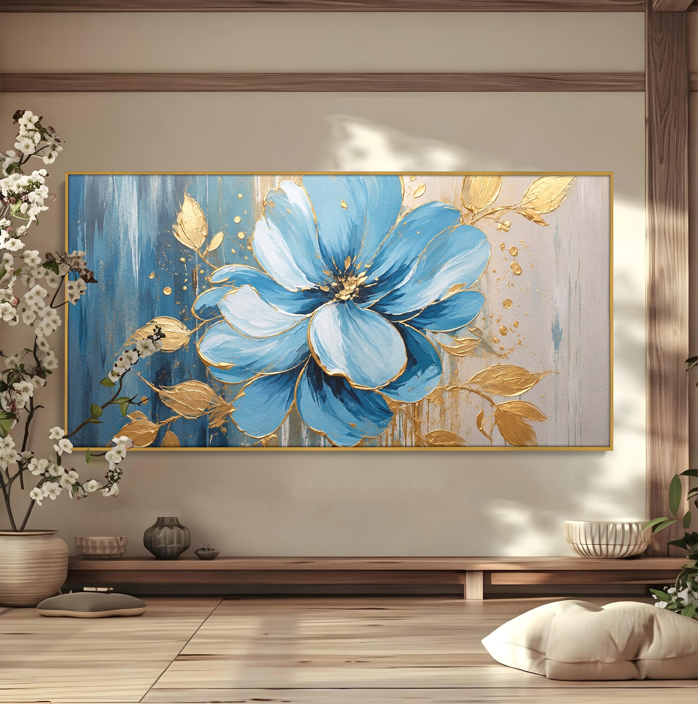 Tablou Canvas Premium LuxCanva® A1865, Armonie Albastră, Floare, Auriu, Albastru, Living, Natura, Culori Vibrante