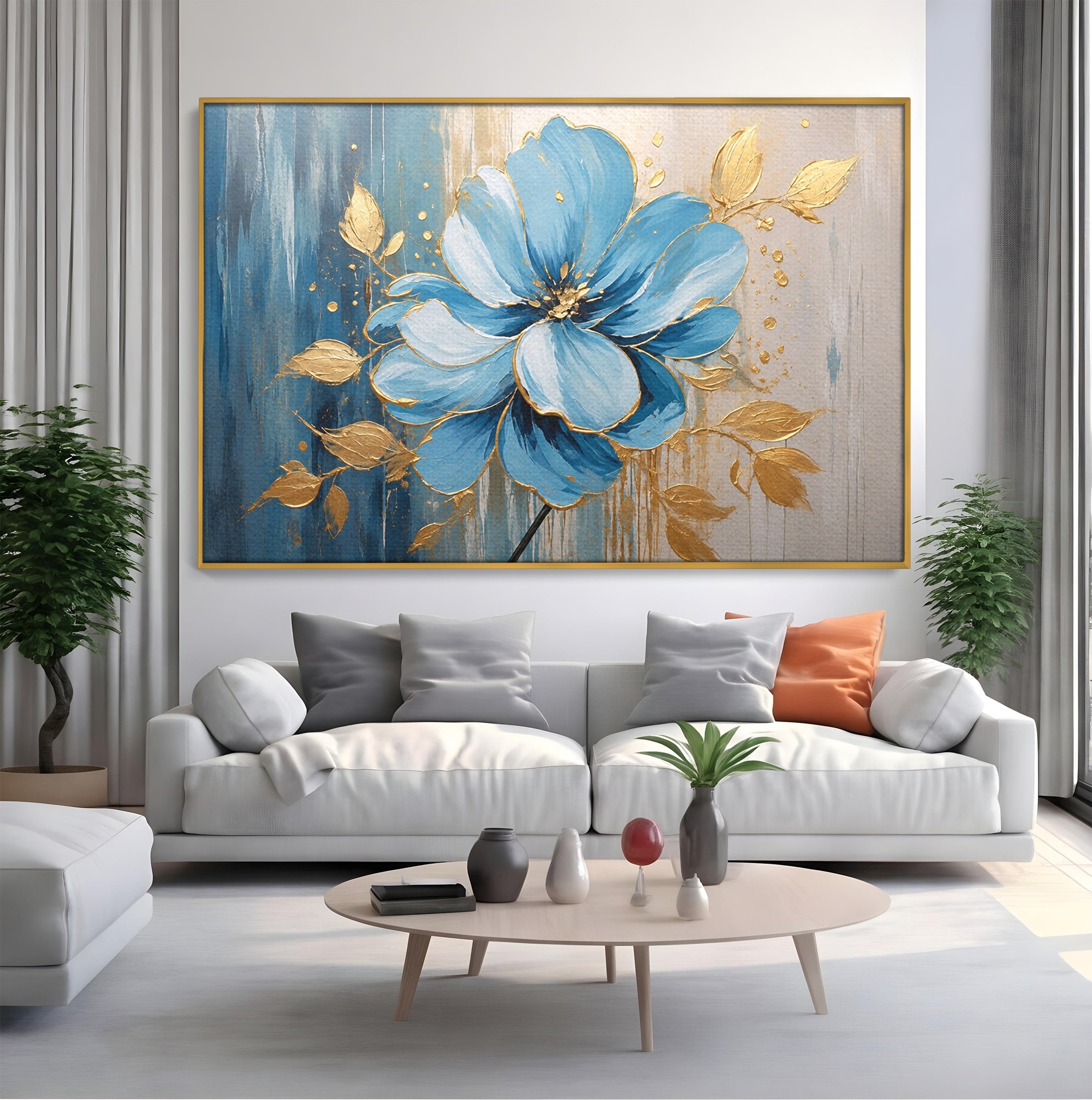Tablou Canvas Premium LuxCanva® A1865, Armonie Albastră, Floare, Auriu, Albastru, Living, Natura, Culori Vibrante