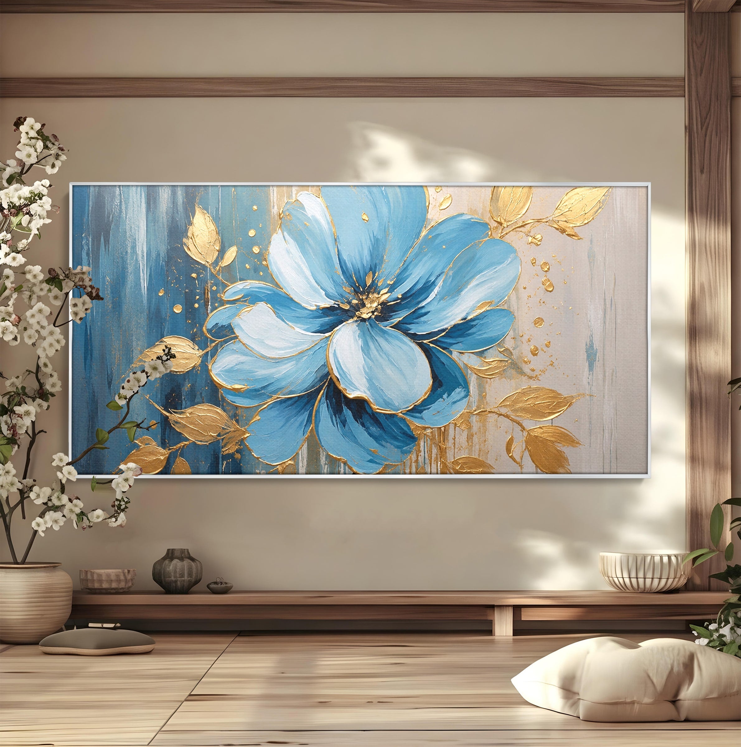 Tablou Canvas Premium LuxCanva® A1865, Armonie Albastră, Floare, Auriu, Albastru, Living, Natura, Culori Vibrante
