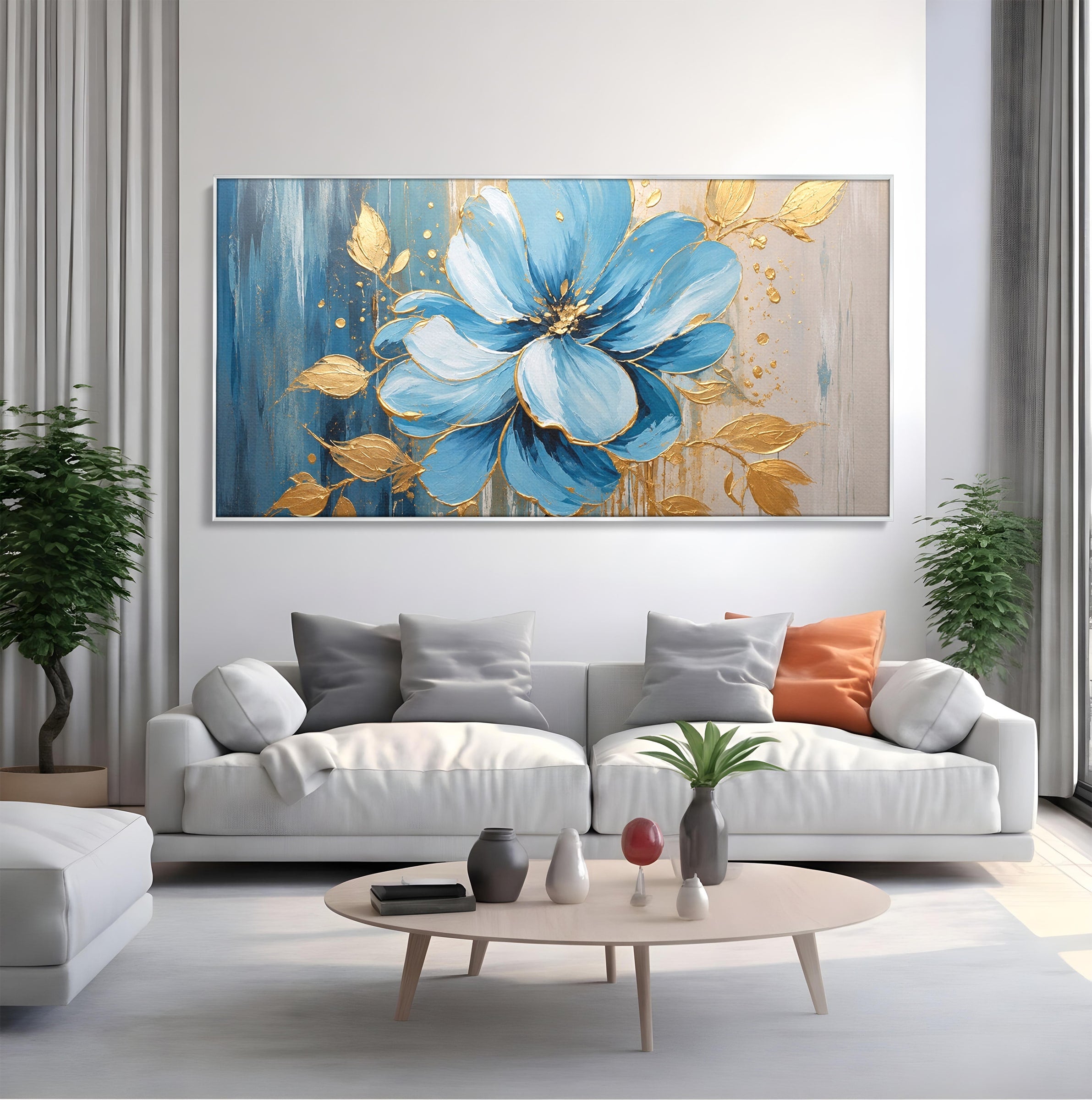 Tablou Canvas Premium LuxCanva® A1865, Armonie Albastră, Floare, Auriu, Albastru, Living, Natura, Culori Vibrante