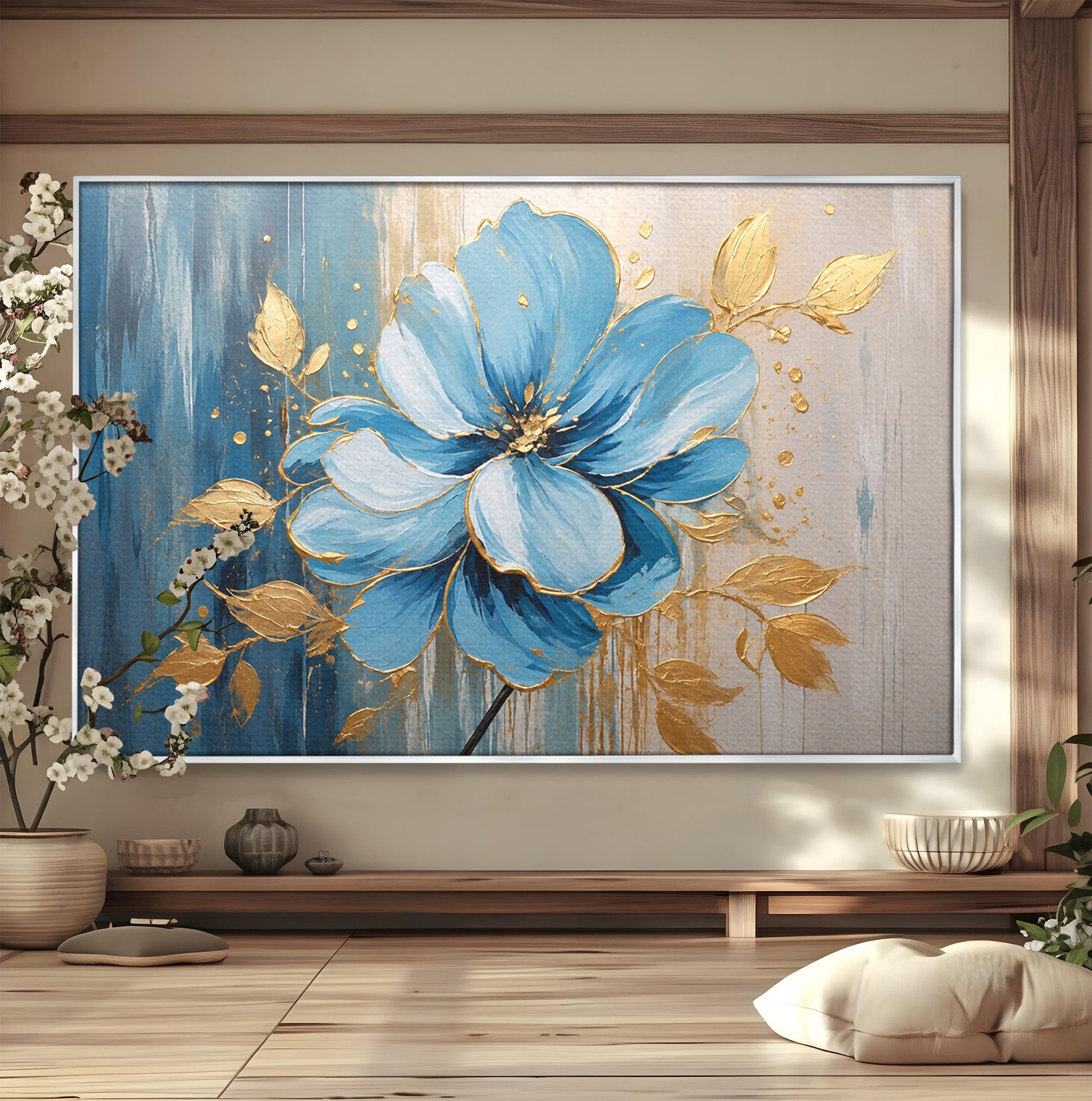 Tablou Canvas Premium LuxCanva® A1865, Armonie Albastră, Floare, Auriu, Albastru, Living, Natura, Culori Vibrante