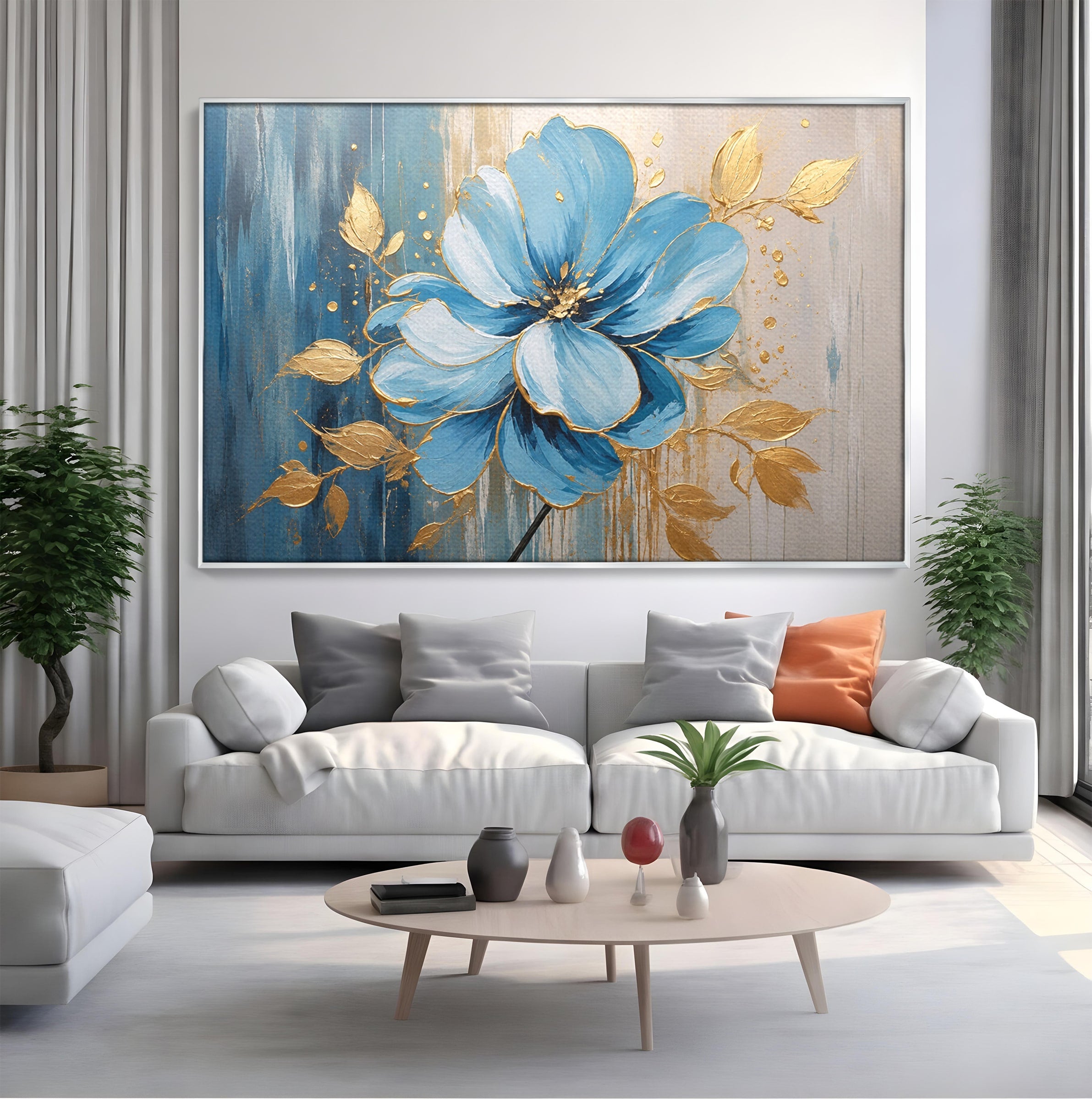Tablou Canvas Premium LuxCanva® A1865, Armonie Albastră, Floare, Auriu, Albastru, Living, Natura, Culori Vibrante