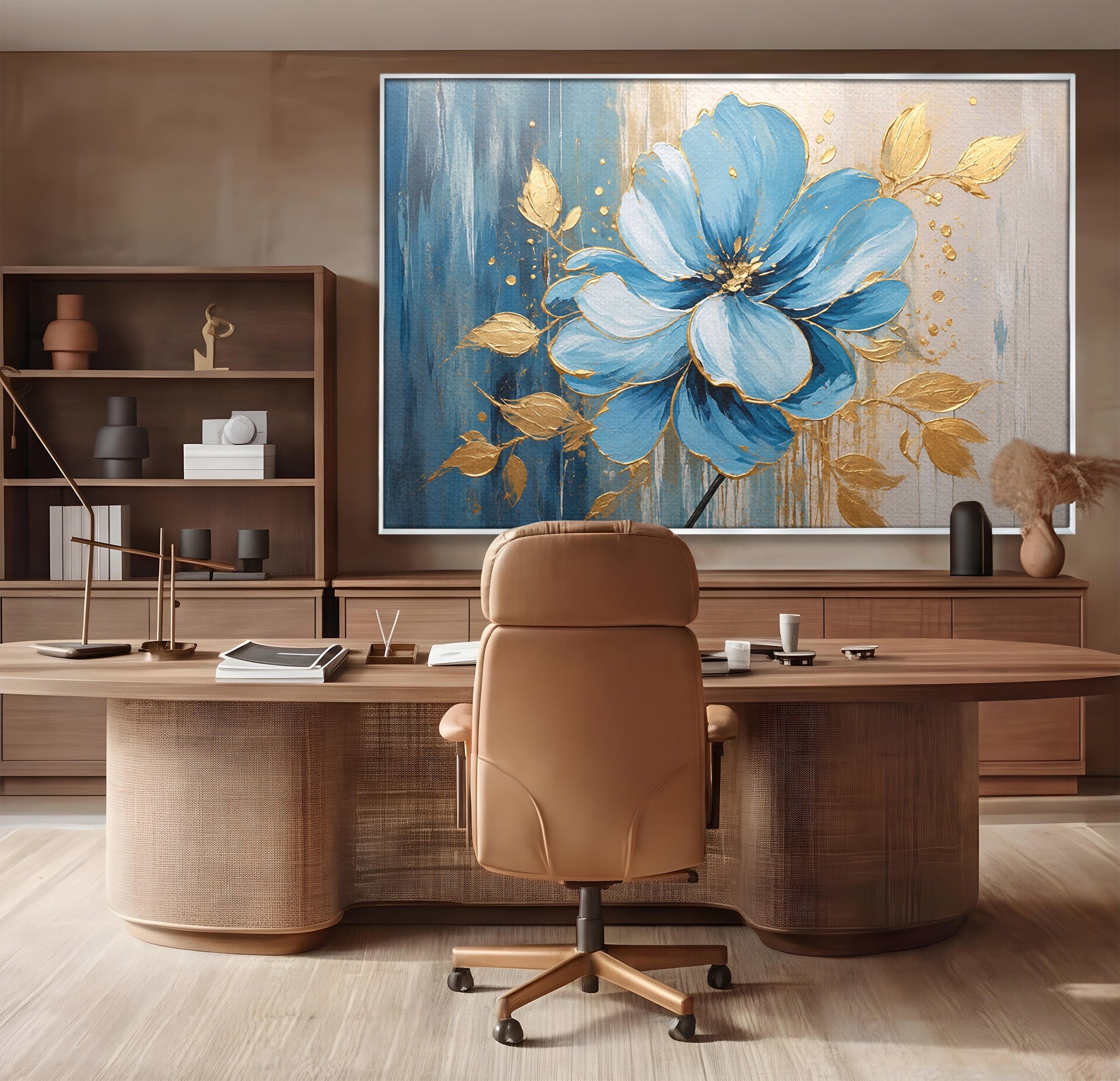 Tablou Canvas Premium LuxCanva® A1865, Armonie Albastră, Floare, Auriu, Albastru, Living, Natura, Culori Vibrante