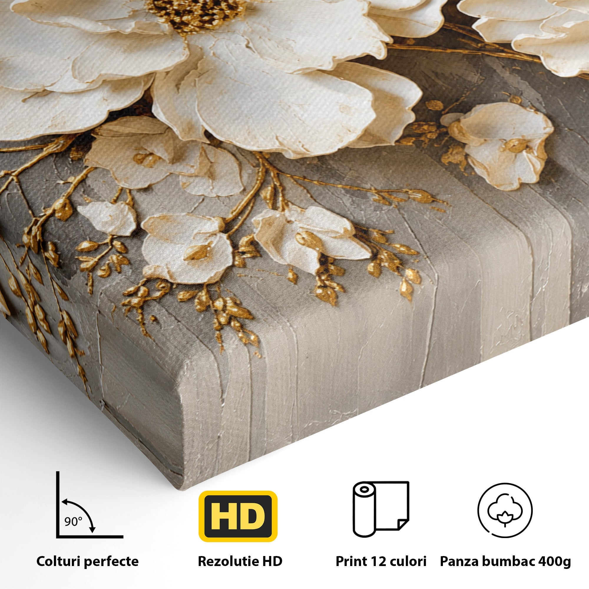Tablou Canvas Premium LuxCanva® A1866, Flori Albe Pe Perete Texturat, Flori, Texturat, Arta, Eleganta, Living, Dormitor, Culori Vibrante