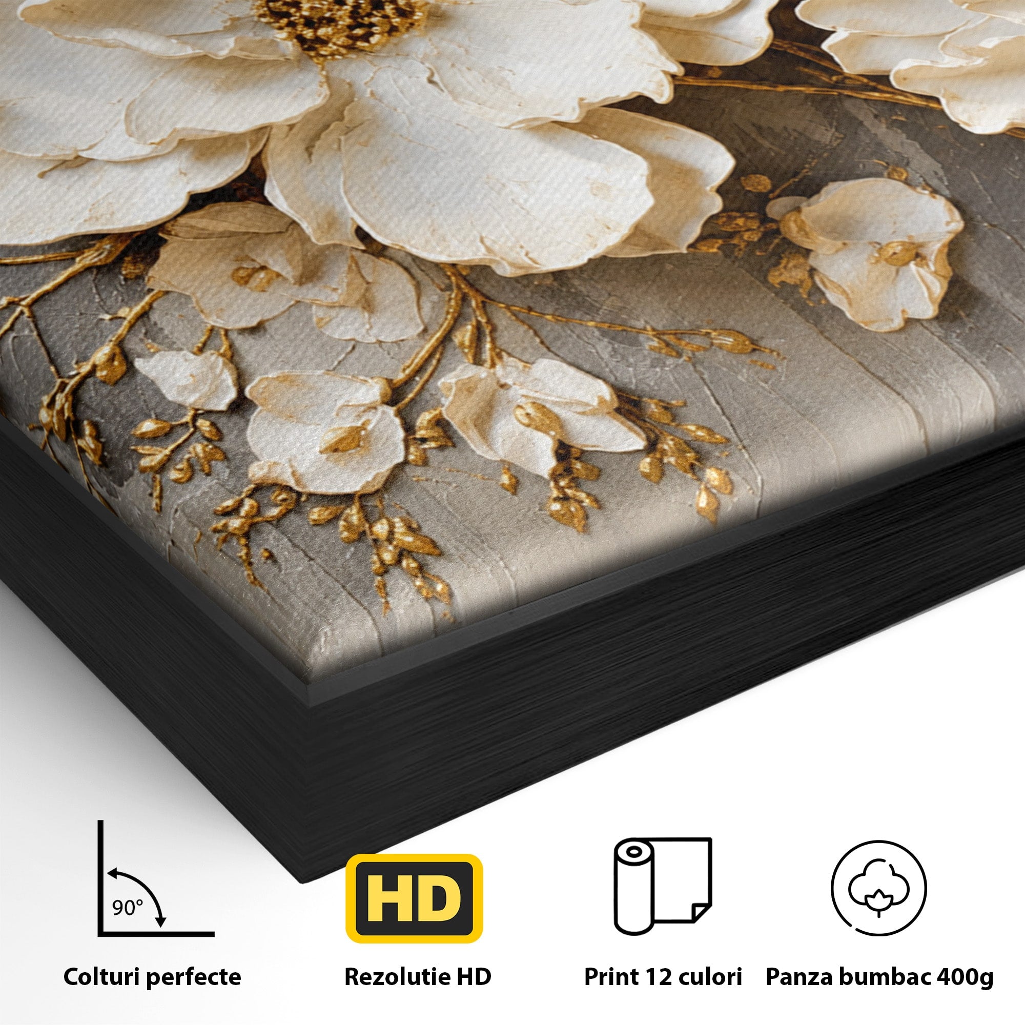 Tablou Canvas Premium LuxCanva® A1866, Flori Albe Pe Perete Texturat, Flori, Texturat, Arta, Eleganta, Living, Dormitor, Culori Vibrante