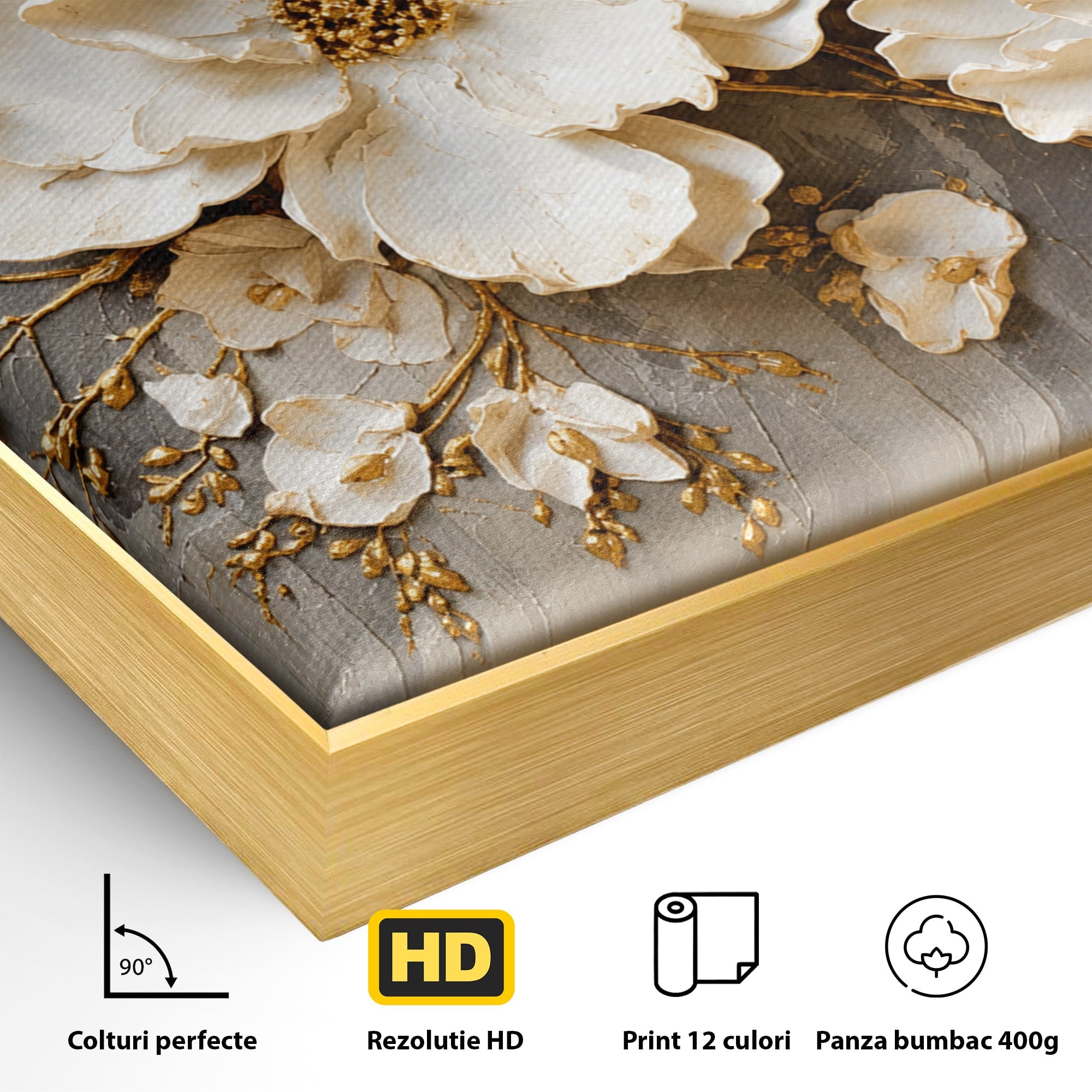 Tablou Canvas Premium LuxCanva® A1866, Flori Albe Pe Perete Texturat, Flori, Texturat, Arta, Eleganta, Living, Dormitor, Culori Vibrante