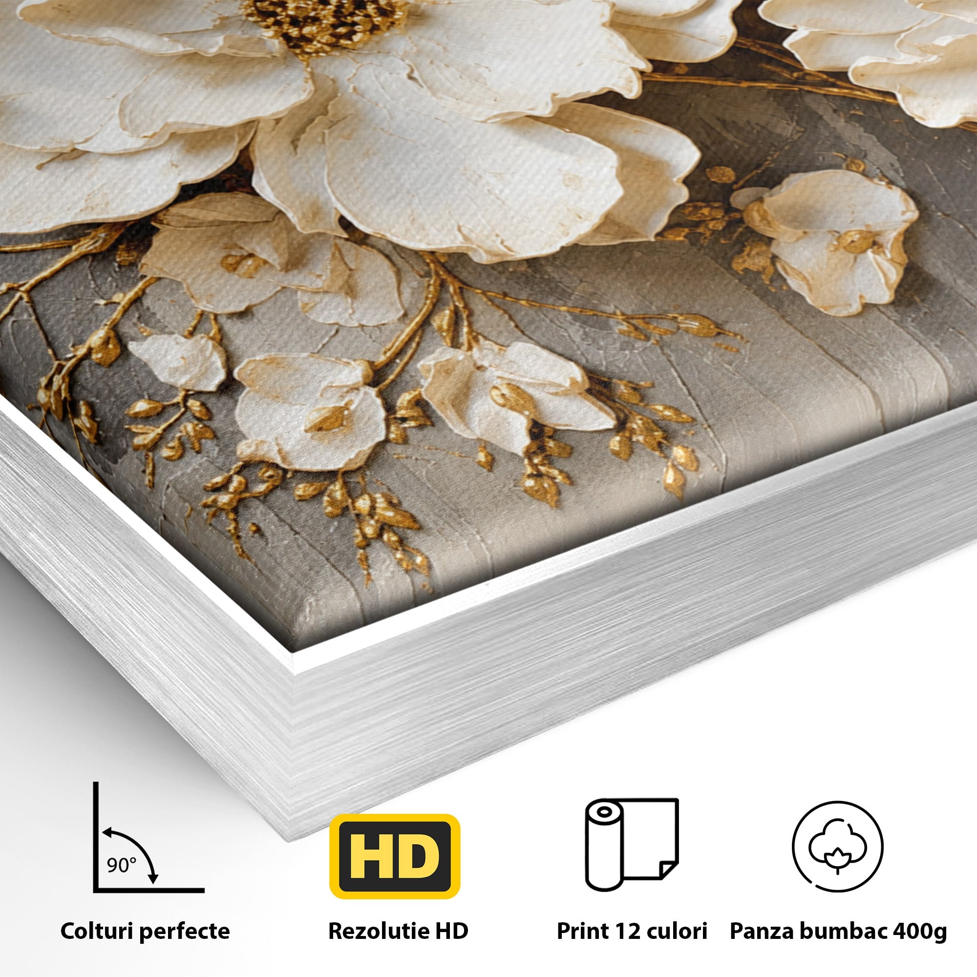 Tablou Canvas Premium LuxCanva® A1866, Flori Albe Pe Perete Texturat, Flori, Texturat, Arta, Eleganta, Living, Dormitor, Culori Vibrante