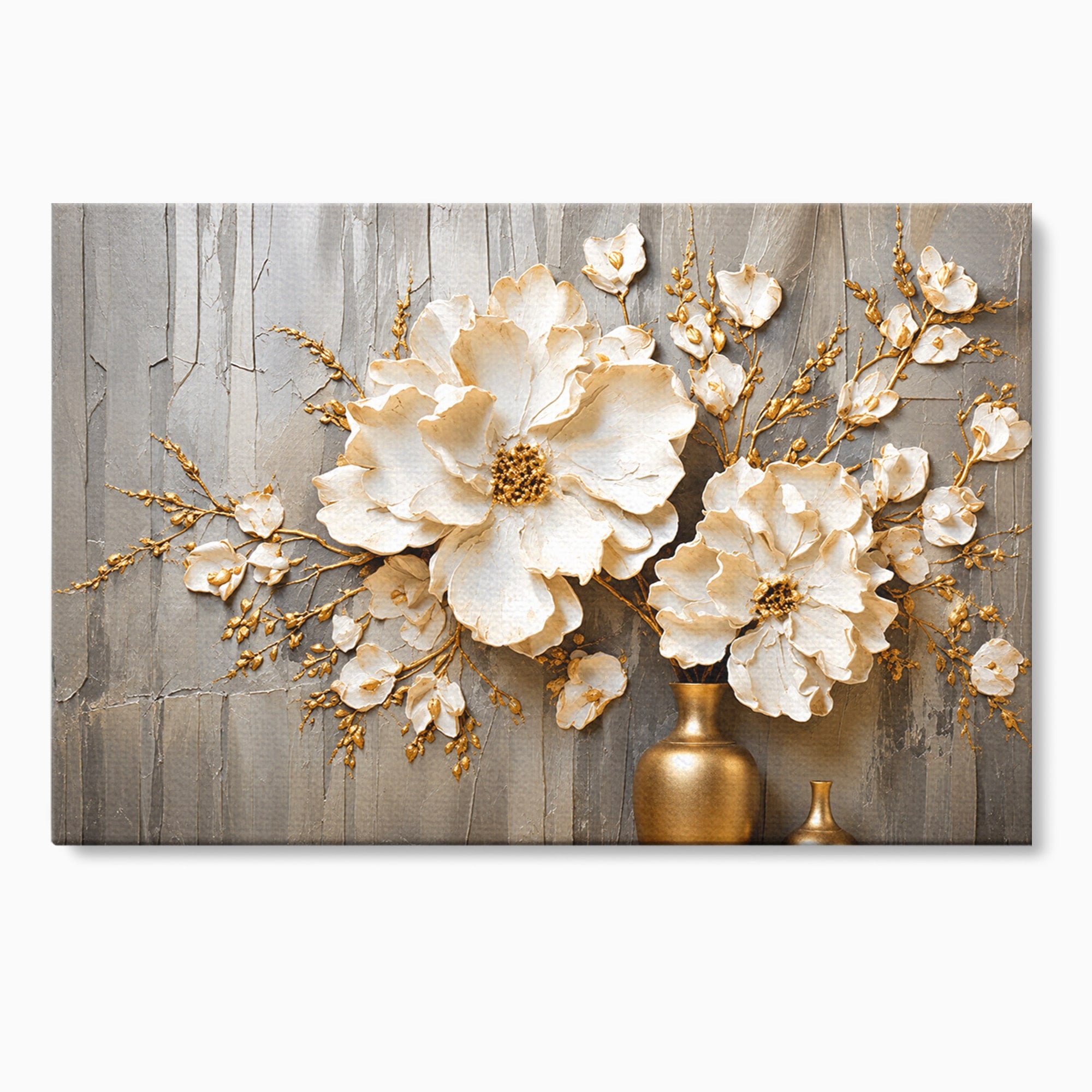 Tablou Canvas Premium LuxCanva® A1866, Flori Albe Pe Perete Texturat, Flori, Texturat, Arta, Eleganta, Living, Dormitor, Culori Vibrante