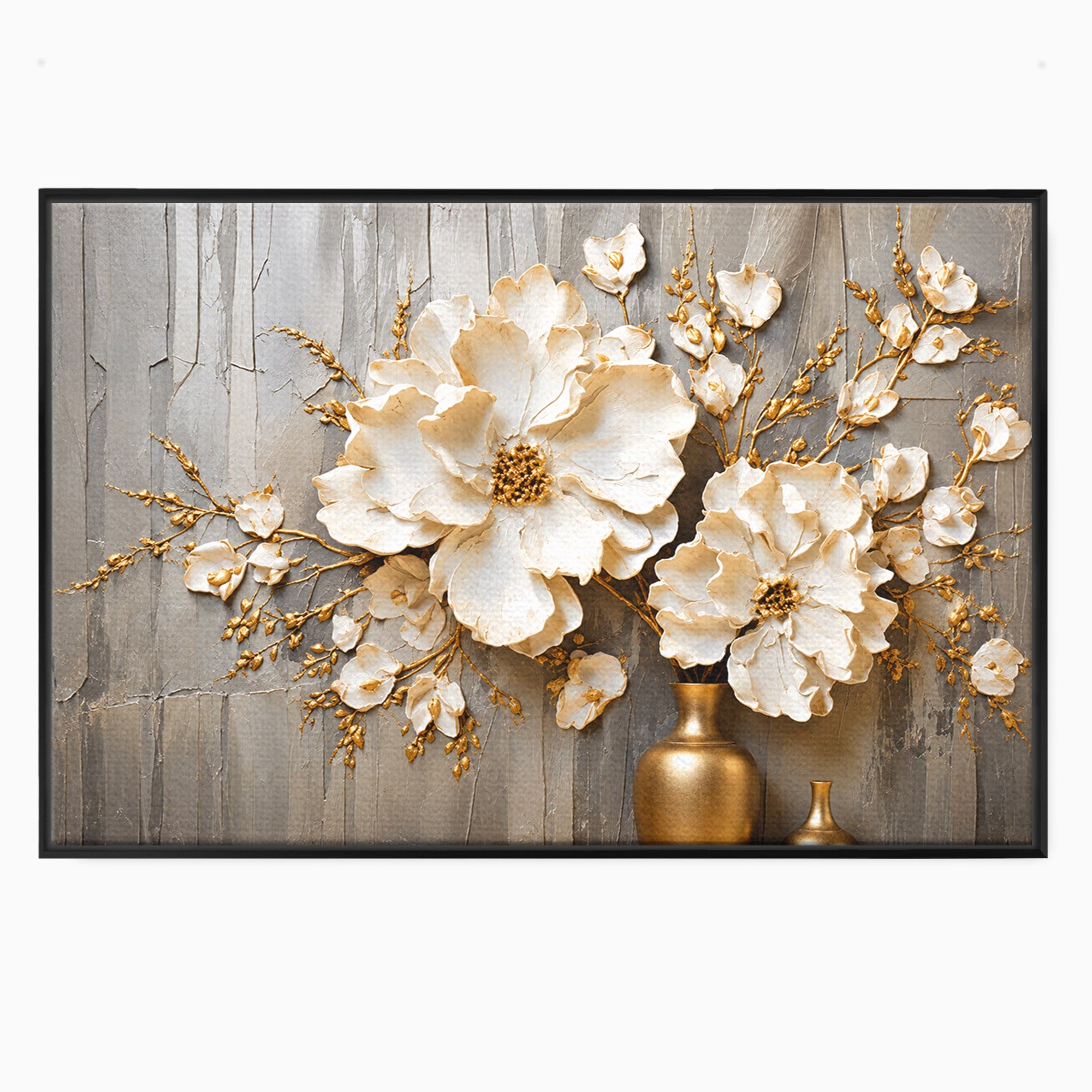 Tablou Canvas Premium LuxCanva® A1866, Flori Albe Pe Perete Texturat, Flori, Texturat, Arta, Eleganta, Living, Dormitor, Culori Vibrante