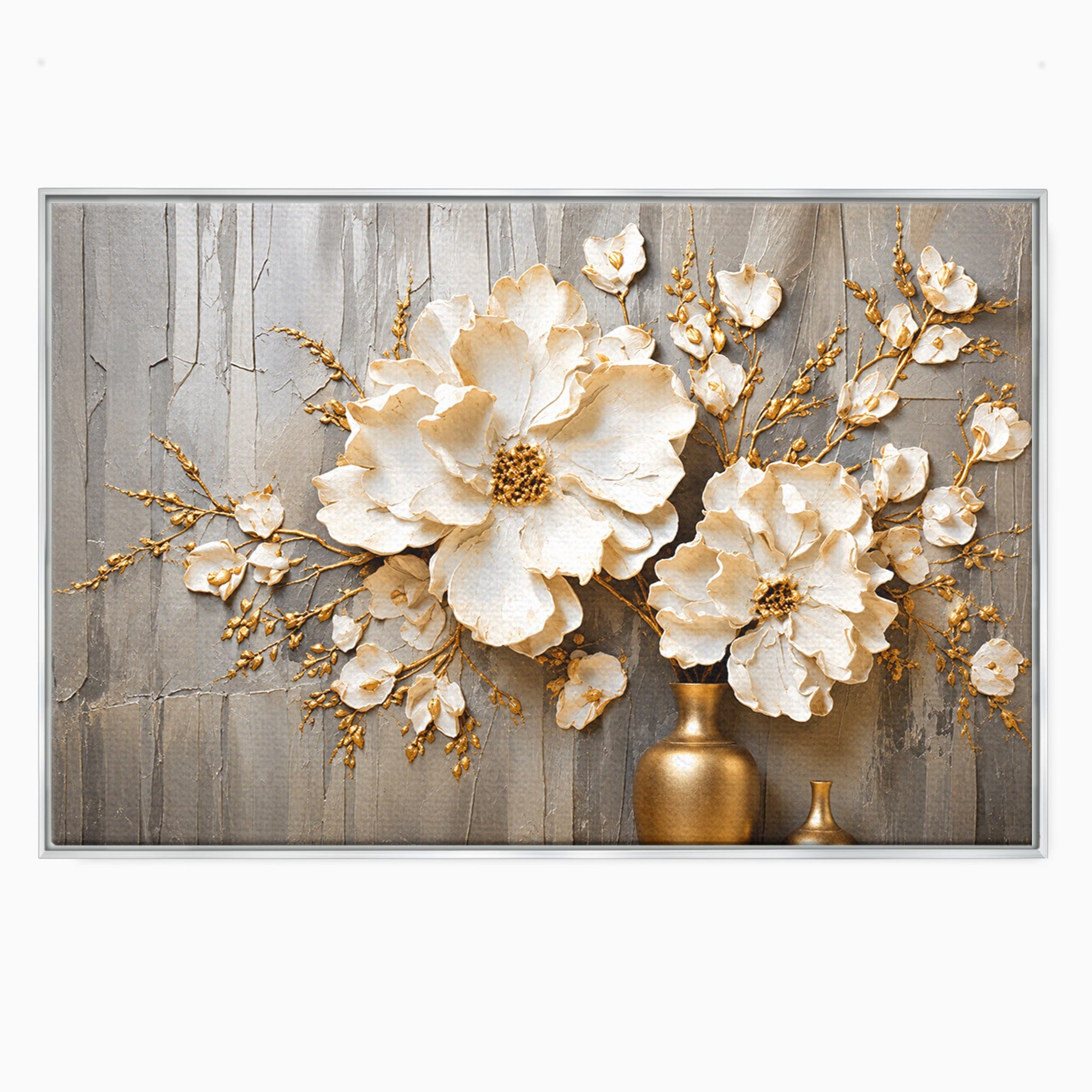 Tablou Canvas Premium LuxCanva® A1866, Flori Albe Pe Perete Texturat, Flori, Texturat, Arta, Eleganta, Living, Dormitor, Culori Vibrante