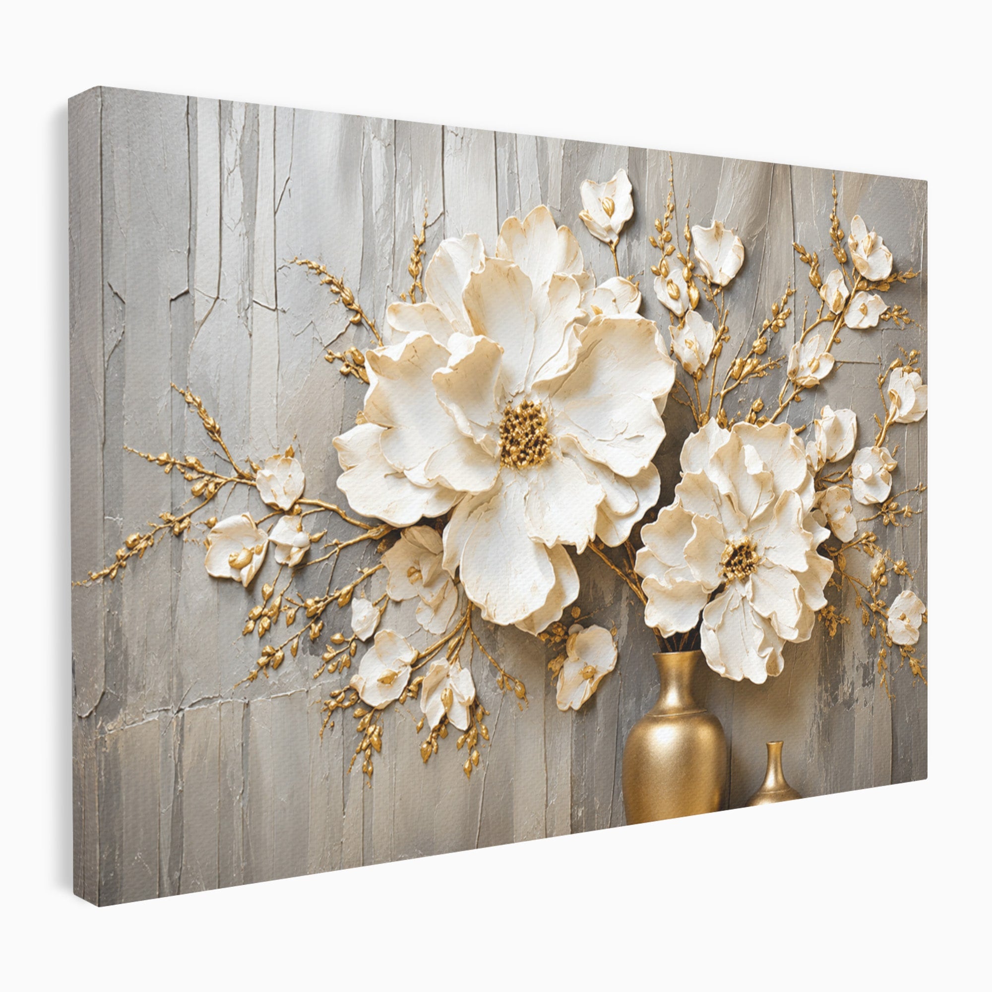 Tablou Canvas Premium LuxCanva® A1866, Flori Albe Pe Perete Texturat, Flori, Texturat, Arta, Eleganta, Living, Dormitor, Culori Vibrante