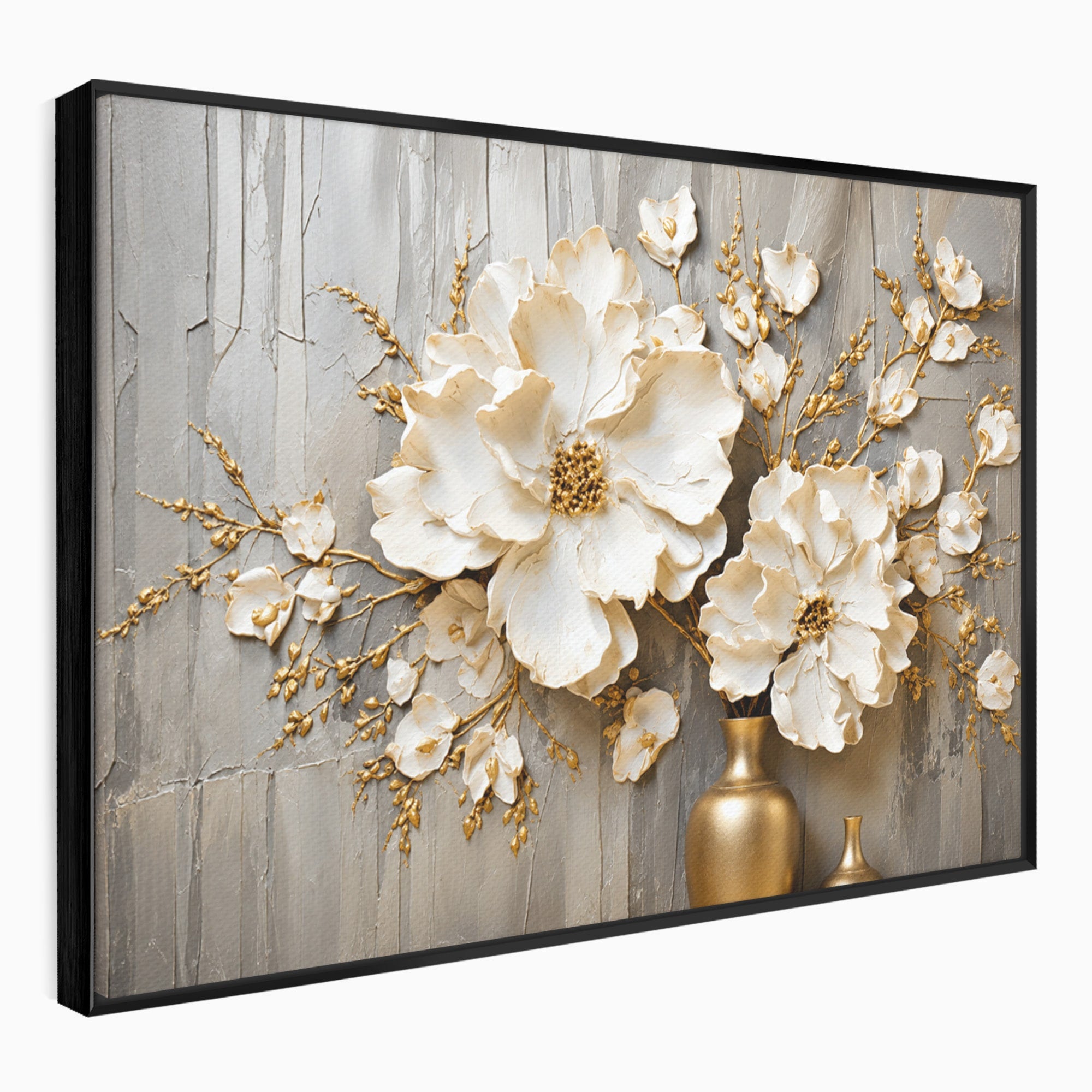 Tablou Canvas Premium LuxCanva® A1866, Flori Albe Pe Perete Texturat, Flori, Texturat, Arta, Eleganta, Living, Dormitor, Culori Vibrante