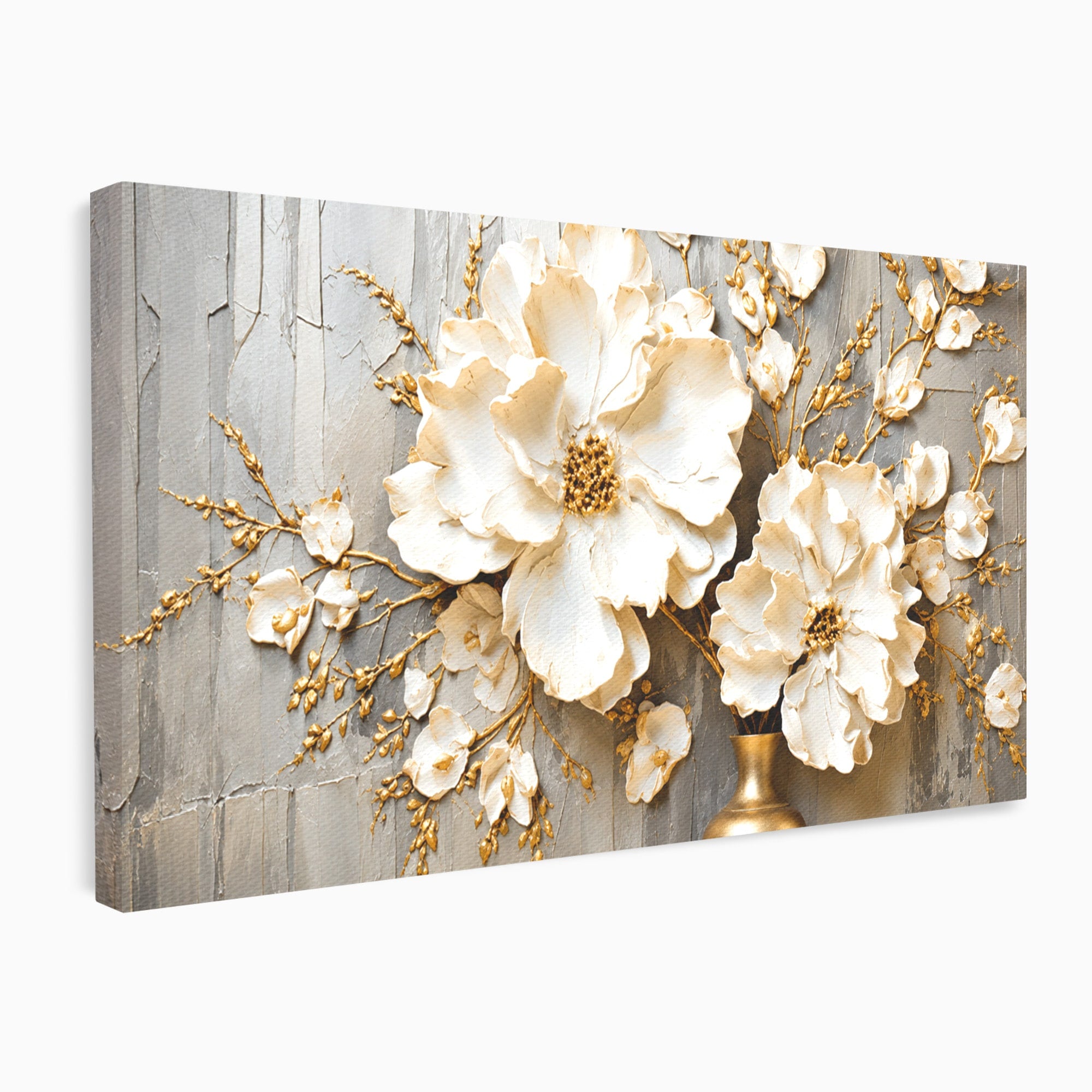 Tablou Canvas Premium LuxCanva® A1866, Flori Albe Pe Perete Texturat, Flori, Texturat, Arta, Eleganta, Living, Dormitor, Culori Vibrante