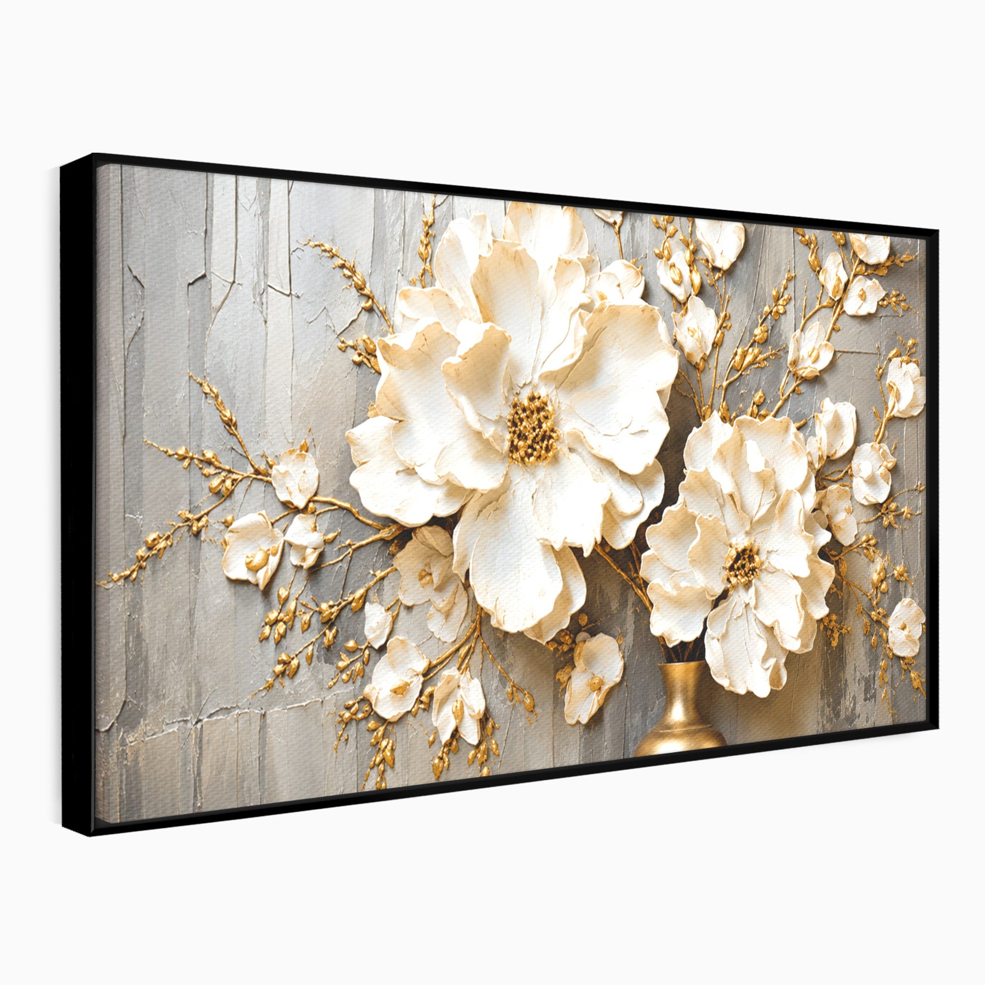 Tablou Canvas Premium LuxCanva® A1866, Flori Albe Pe Perete Texturat, Flori, Texturat, Arta, Eleganta, Living, Dormitor, Culori Vibrante