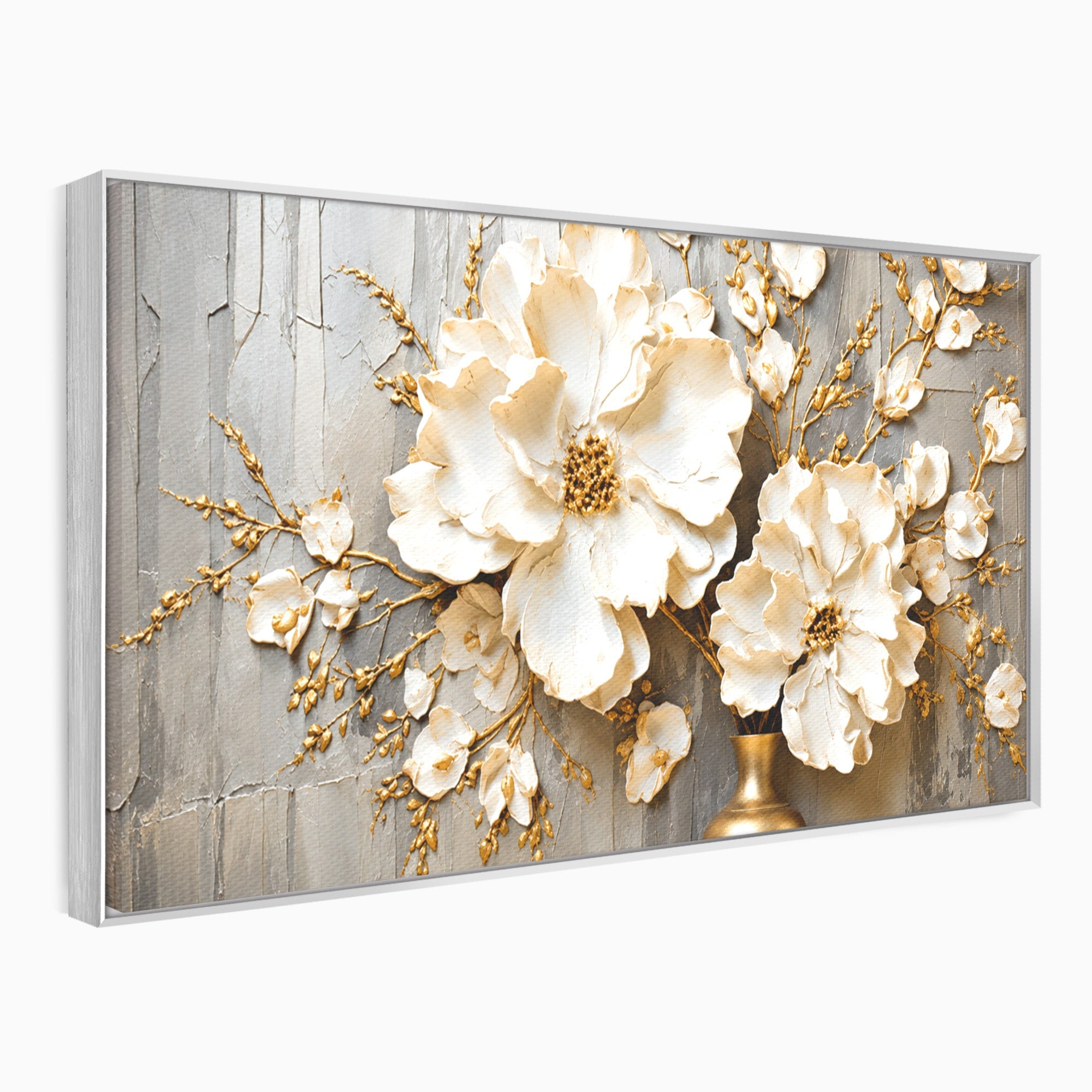 Tablou Canvas Premium LuxCanva® A1866, Flori Albe Pe Perete Texturat, Flori, Texturat, Arta, Eleganta, Living, Dormitor, Culori Vibrante