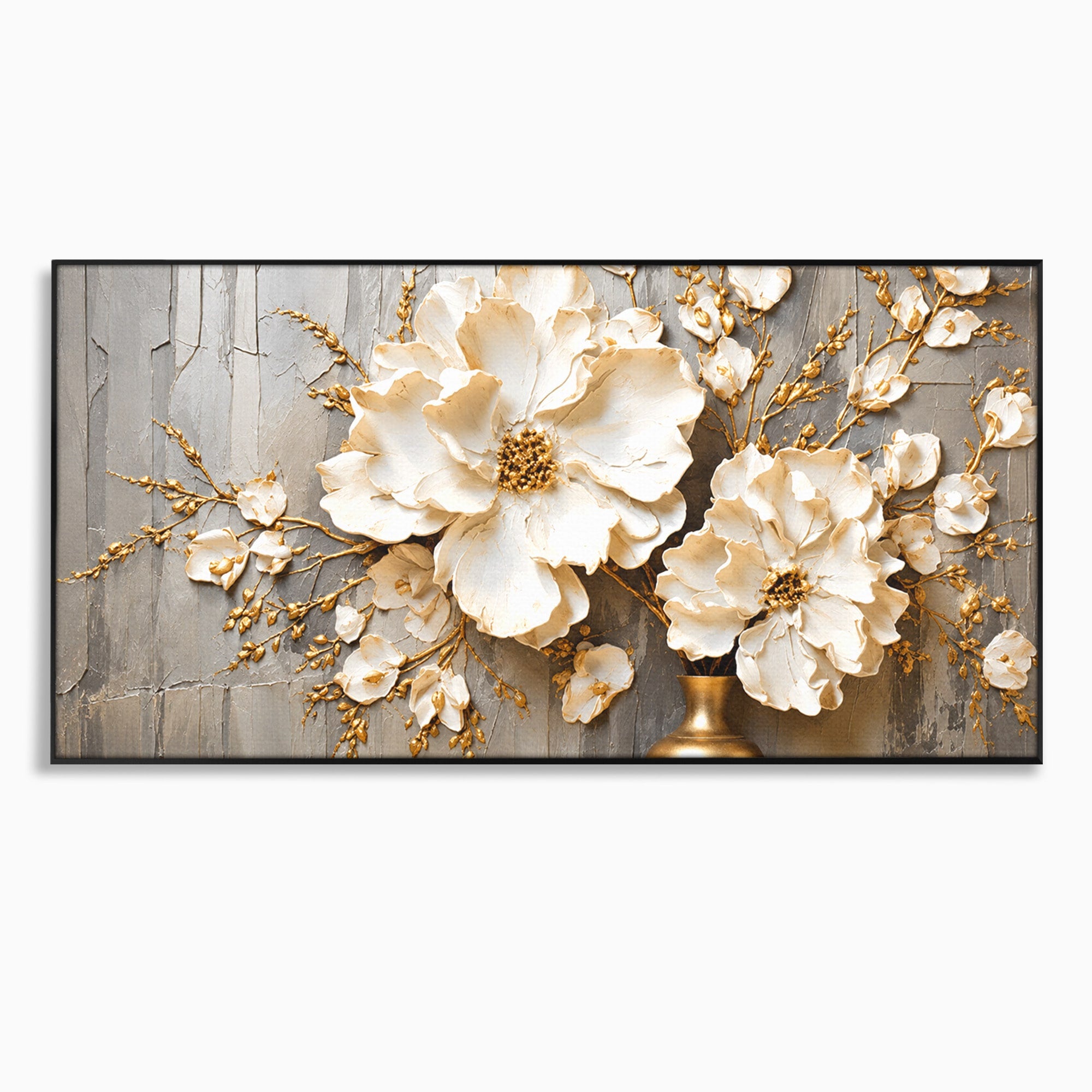 Tablou Canvas Premium LuxCanva® A1866, Flori Albe Pe Perete Texturat, Flori, Texturat, Arta, Eleganta, Living, Dormitor, Culori Vibrante