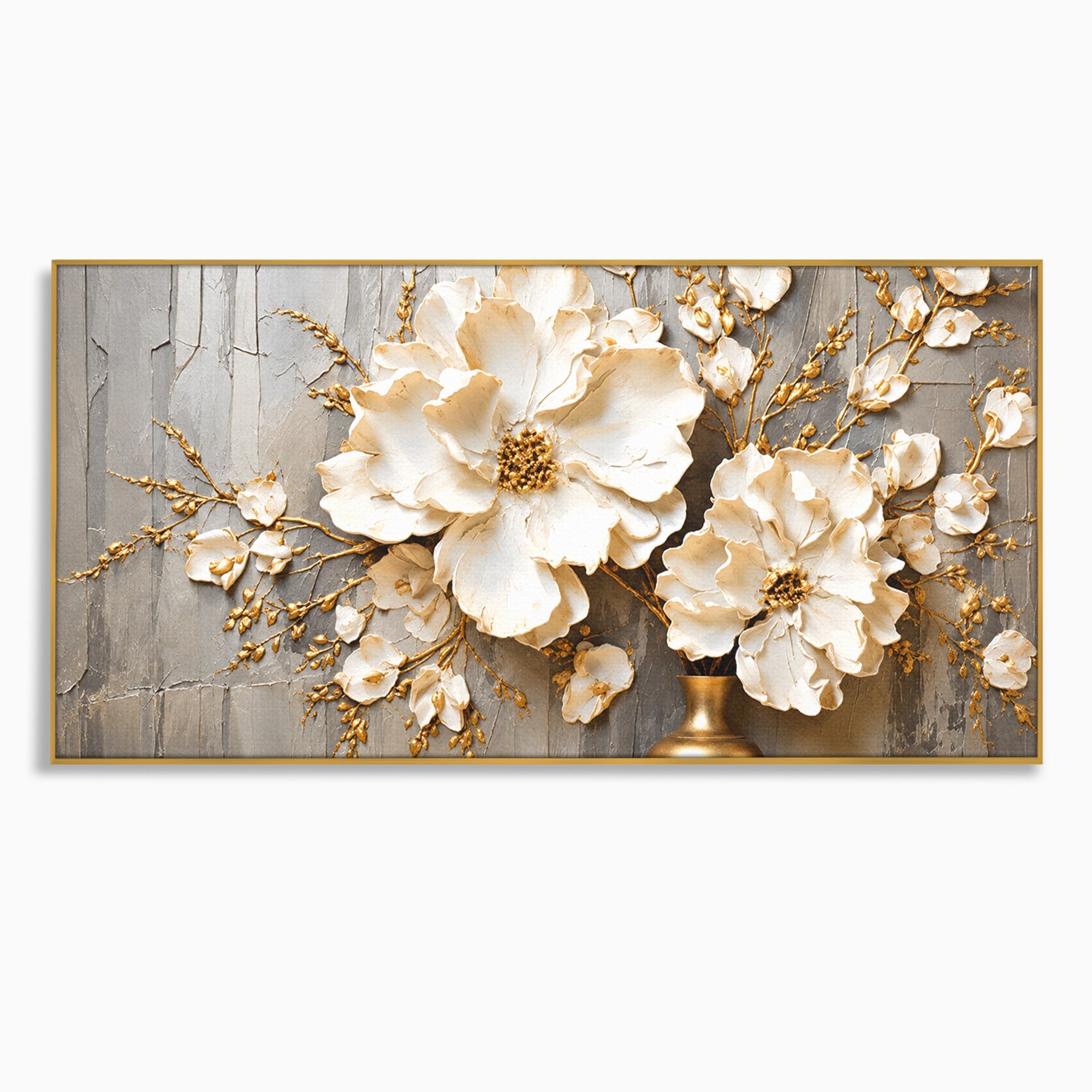 Tablou Canvas Premium LuxCanva® A1866, Flori Albe Pe Perete Texturat, Flori, Texturat, Arta, Eleganta, Living, Dormitor, Culori Vibrante