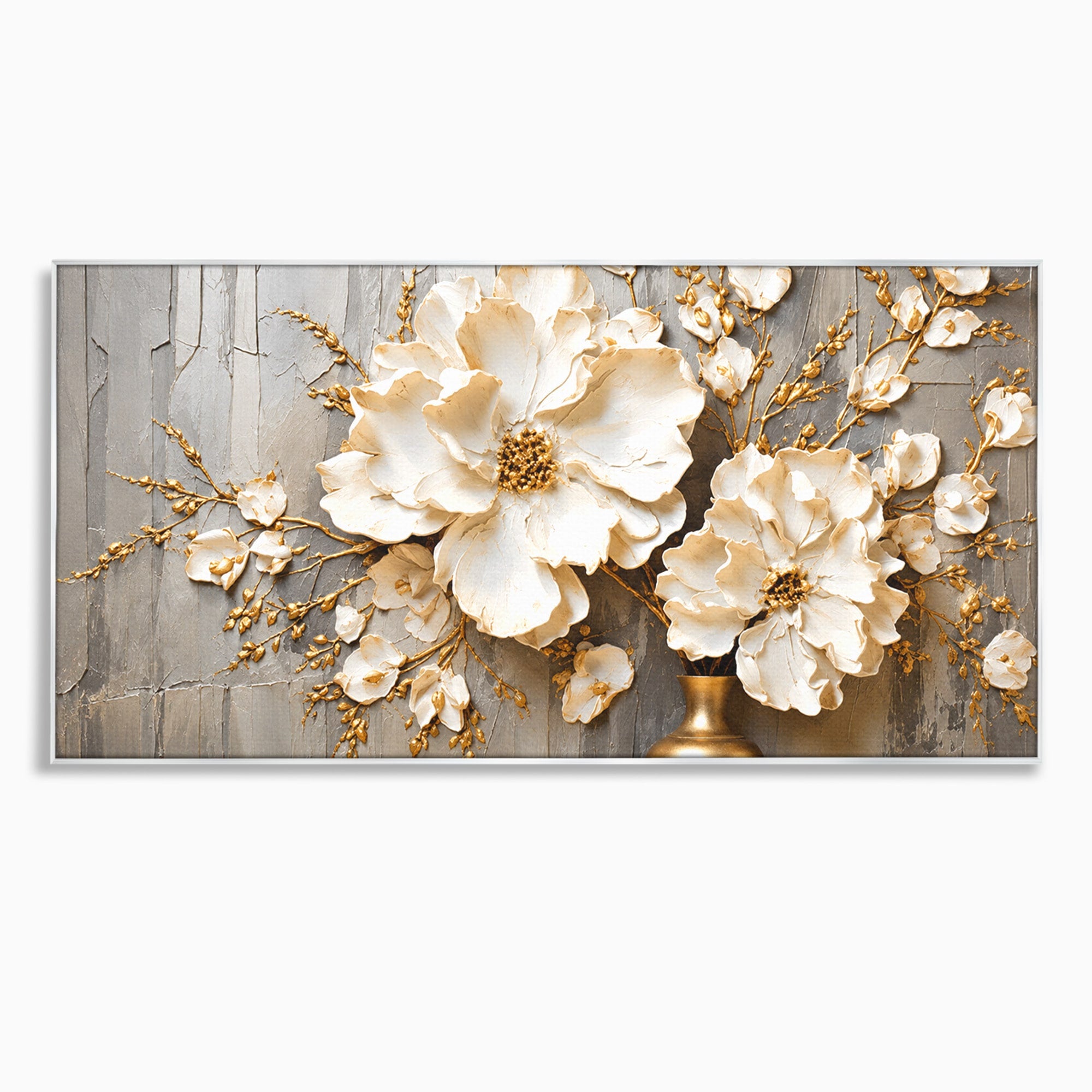 Tablou Canvas Premium LuxCanva® A1866, Flori Albe Pe Perete Texturat, Flori, Texturat, Arta, Eleganta, Living, Dormitor, Culori Vibrante