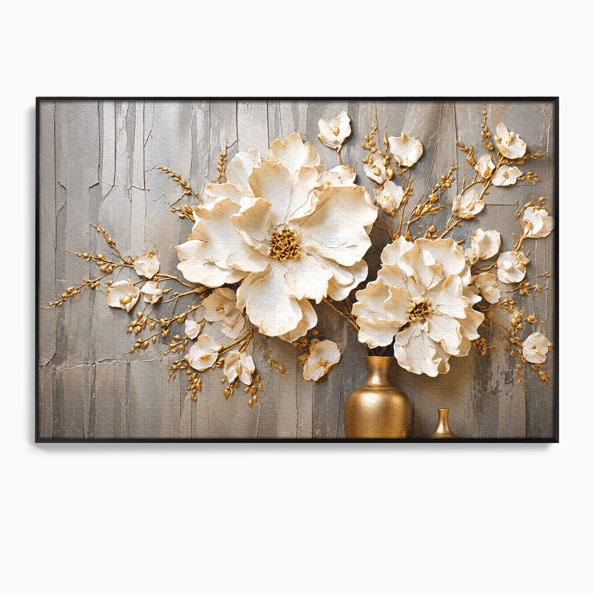 Tablou Canvas Premium LuxCanva® A1866, Flori Albe Pe Perete Texturat, Flori, Texturat, Arta, Eleganta, Living, Dormitor, Culori Vibrante
